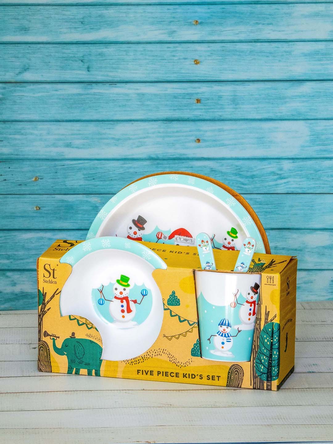 

Stehlen White & Blue 5 Pieces of Printed Dishwasher Safe Melamine Glossy Dinner Set