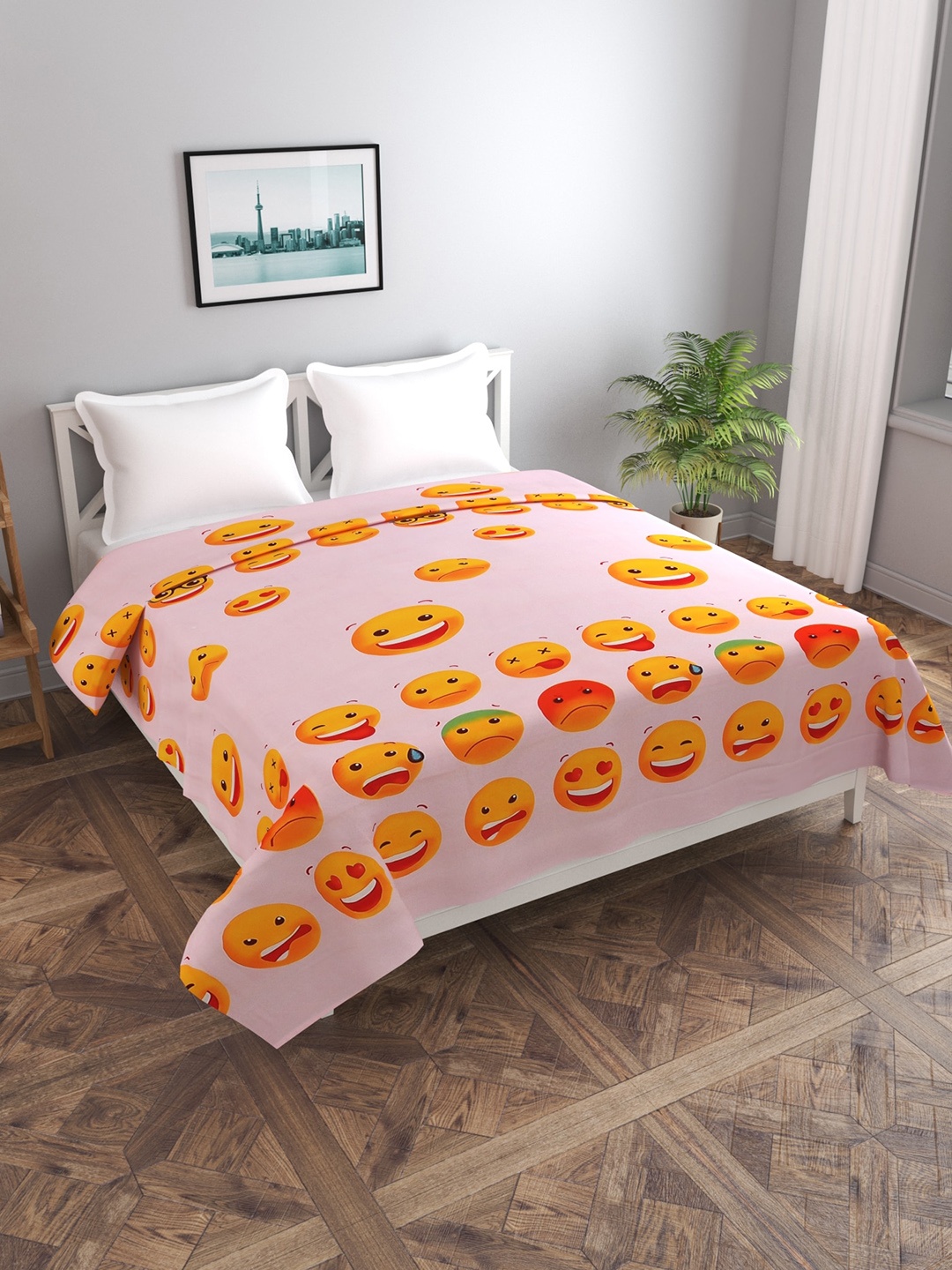

MORADO Pink & Yellow Emojis Printed Double Queen Duvet Cover