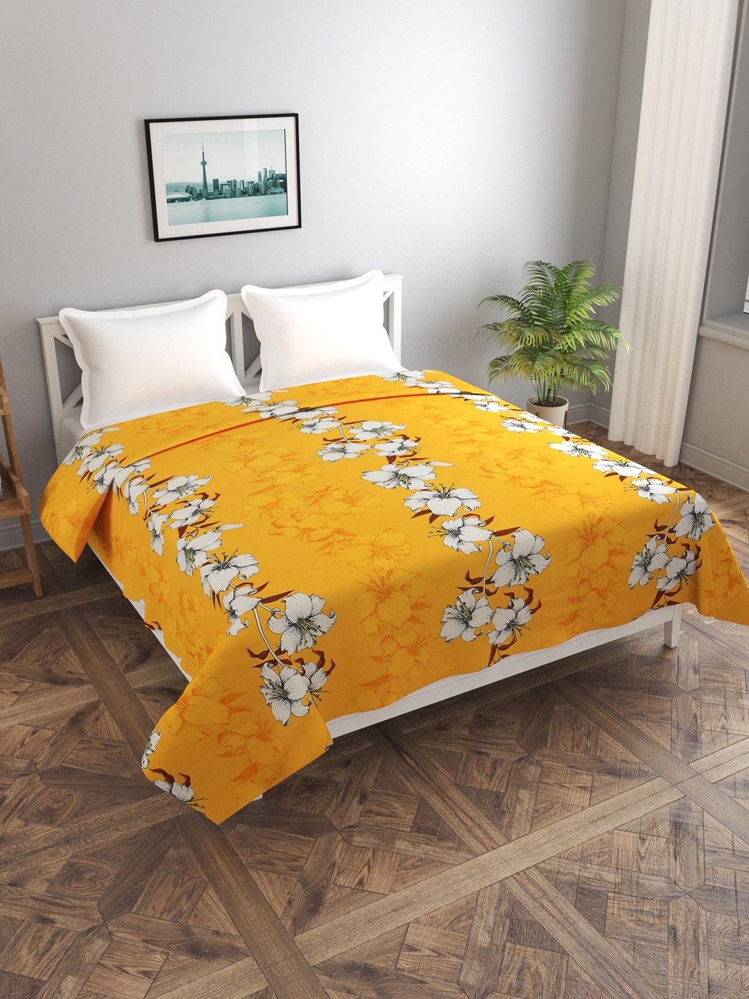 

MORADO Mustard Yellow & White Floral Printed Single Cotton Duvet Cover