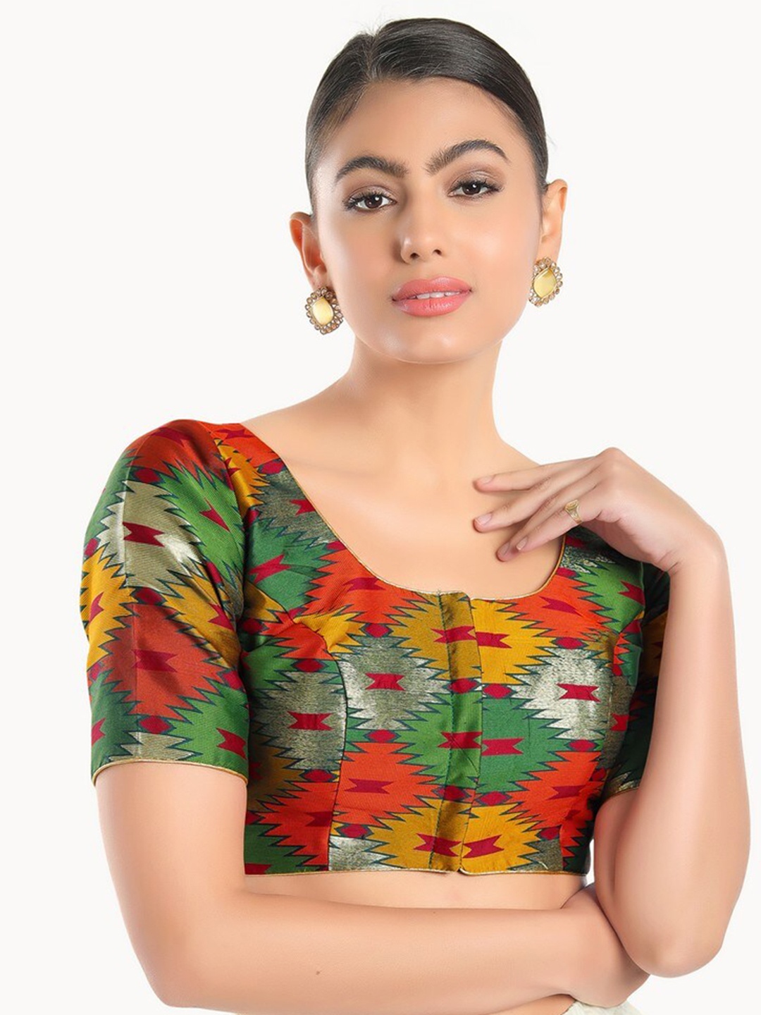 

SALWAR STUDIO Green & Red Woven Design Readymade Saree Blouse