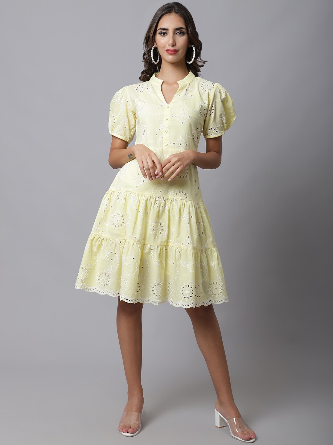 

MARC LOUIS Women Yellow Self Design Cotton A-Line Dress