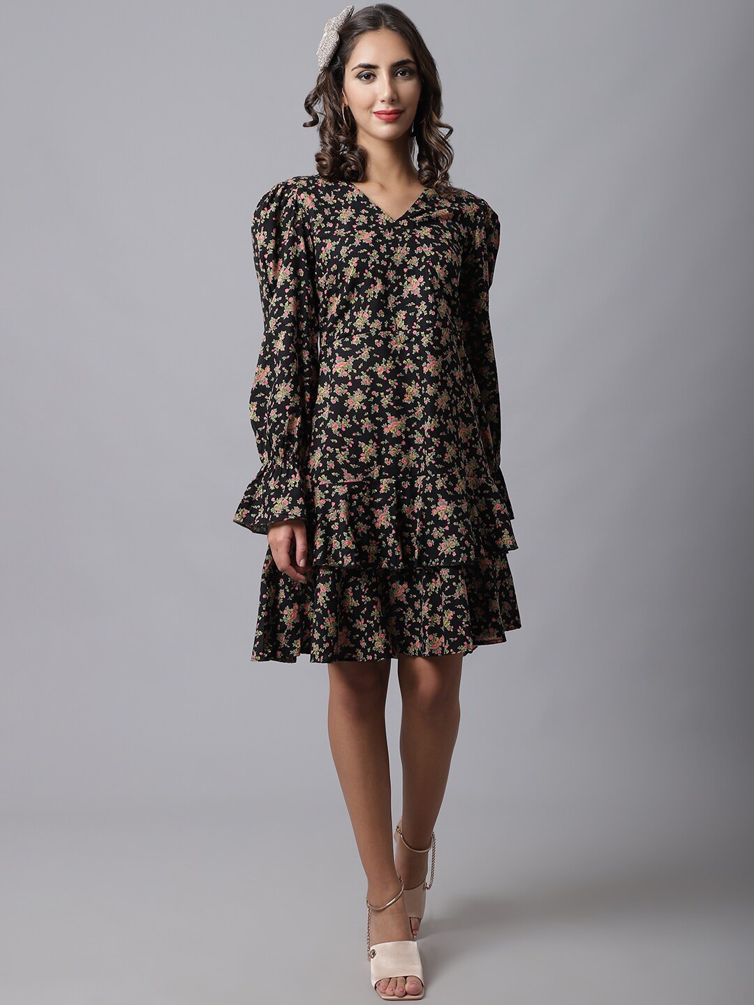 

MARC LOUIS Women Black & Pink Floral Printed Layered Drop-Waist Dress