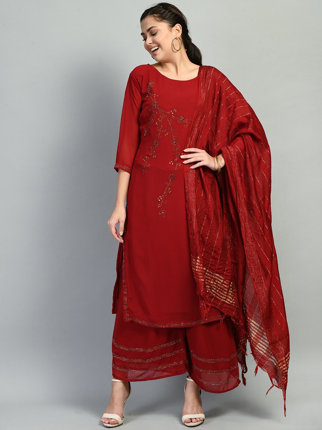 

DesiNoor com Women Maroon Embellished Straight Kurta with Palazzos & With Dupatta