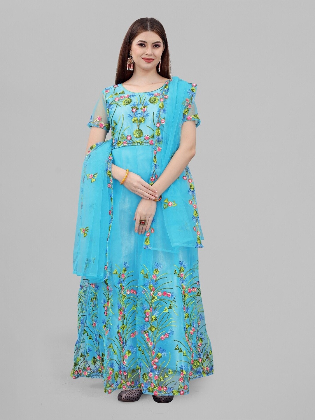 

APNISHA Teal Floral Embroidered Ethnic Maxi Dress