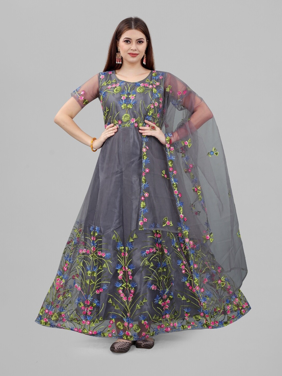 

APNISHA Grey Floral Net Ethnic Maxi Dress With Dupatta