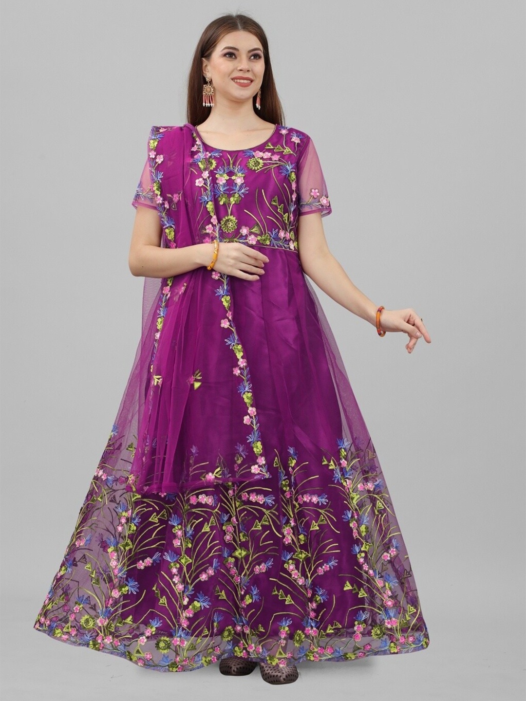 

APNISHA Purple Floral Embroidered Net Ethnic Maxi Semi-Stitched Gown with Dupatta