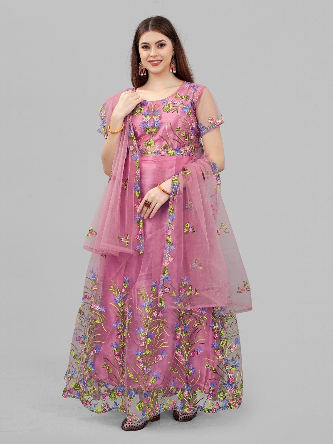 

APNISHA Peach-Coloured Floral Embroidered Net Ethnic Maxi Dress With Dupatta