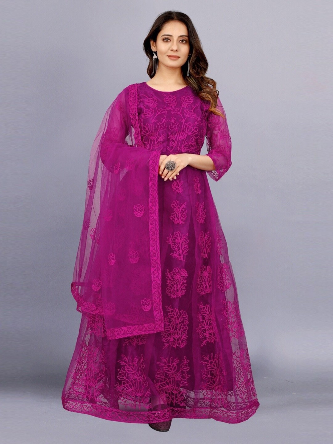 

APNISHA Purple Ethnic Motifs Net Ethnic Maxi Maxi Semi Stitched Dress With Dupatta
