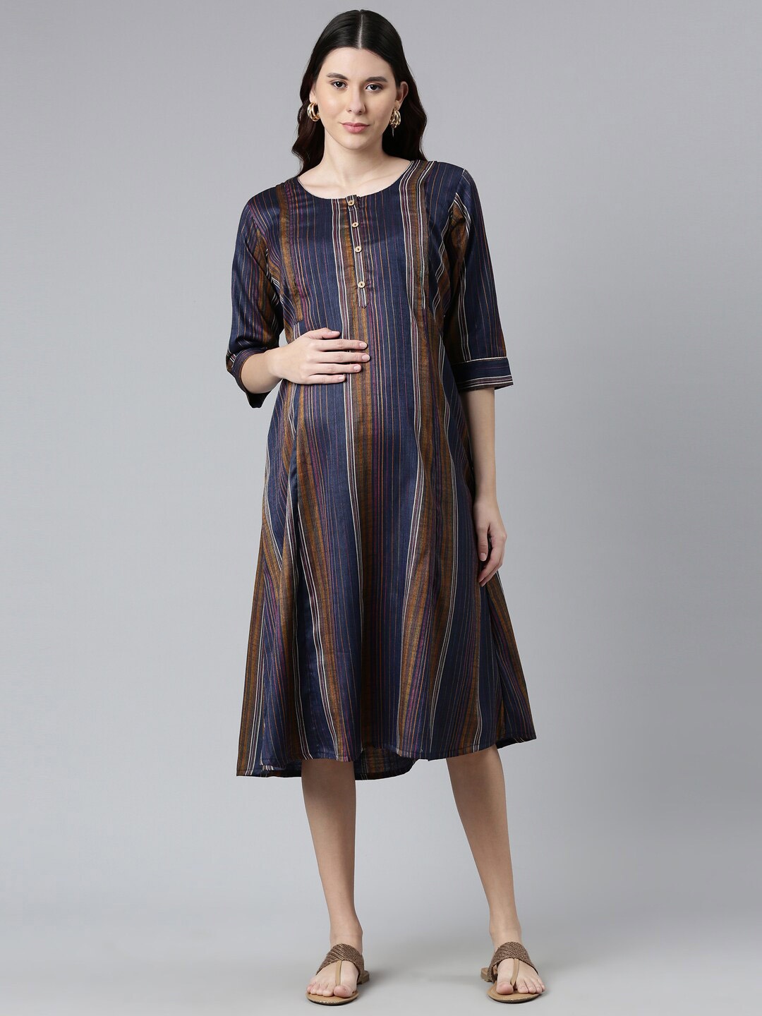 

GOLDSTROMS Women Navy Blue & Mustard Yellow Striped Maternity A-Line Midi Dress