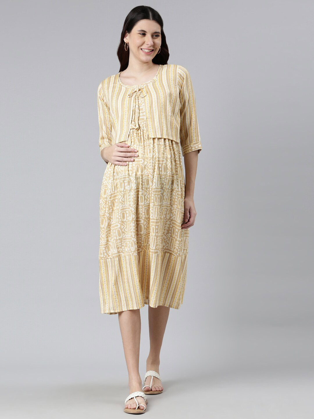 

GOLDSTROMS Yellow Tie-Up Neck Layered Maternity A-Line Midi Dress