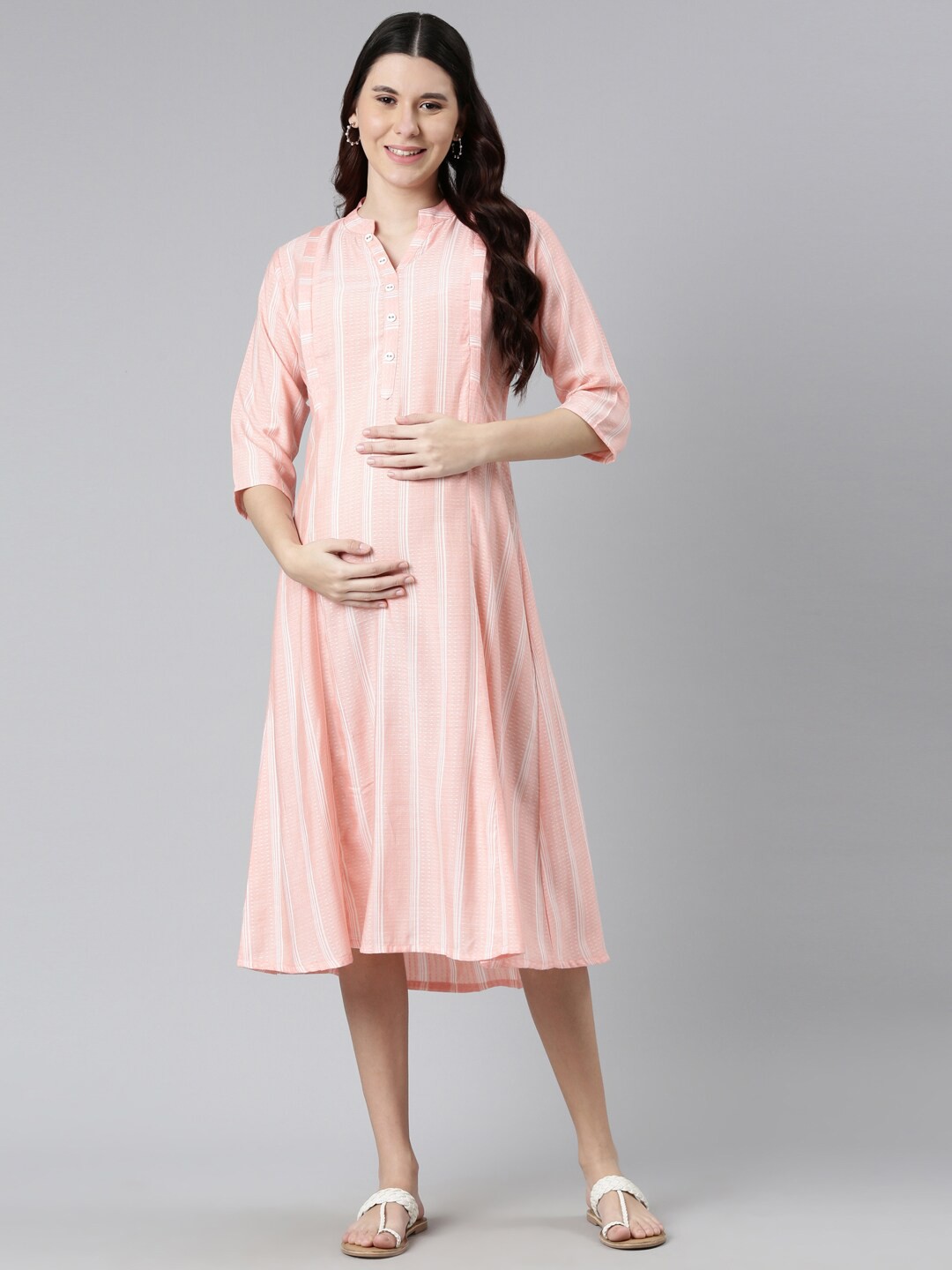 

GOLDSTROMS Women Peach-Coloured & White Maternity A-Line Midi Dress
