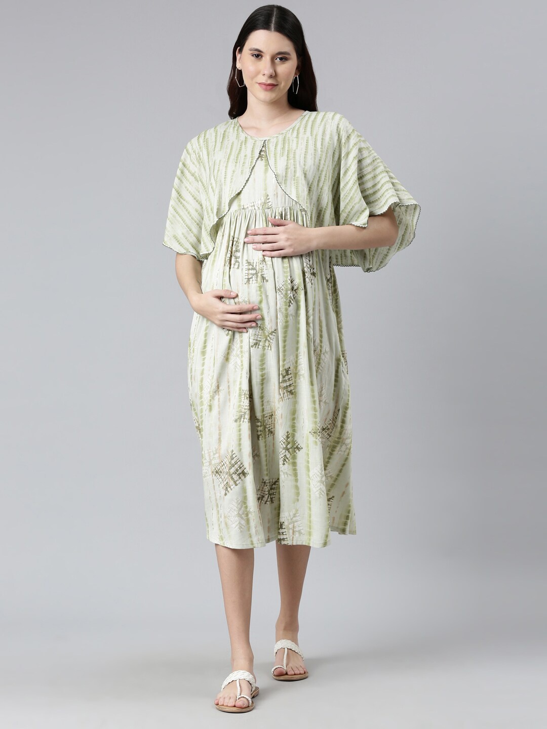

GOLDSTROMS Green & Off White Round Neck Layered Maternity A-Line Midi Dress