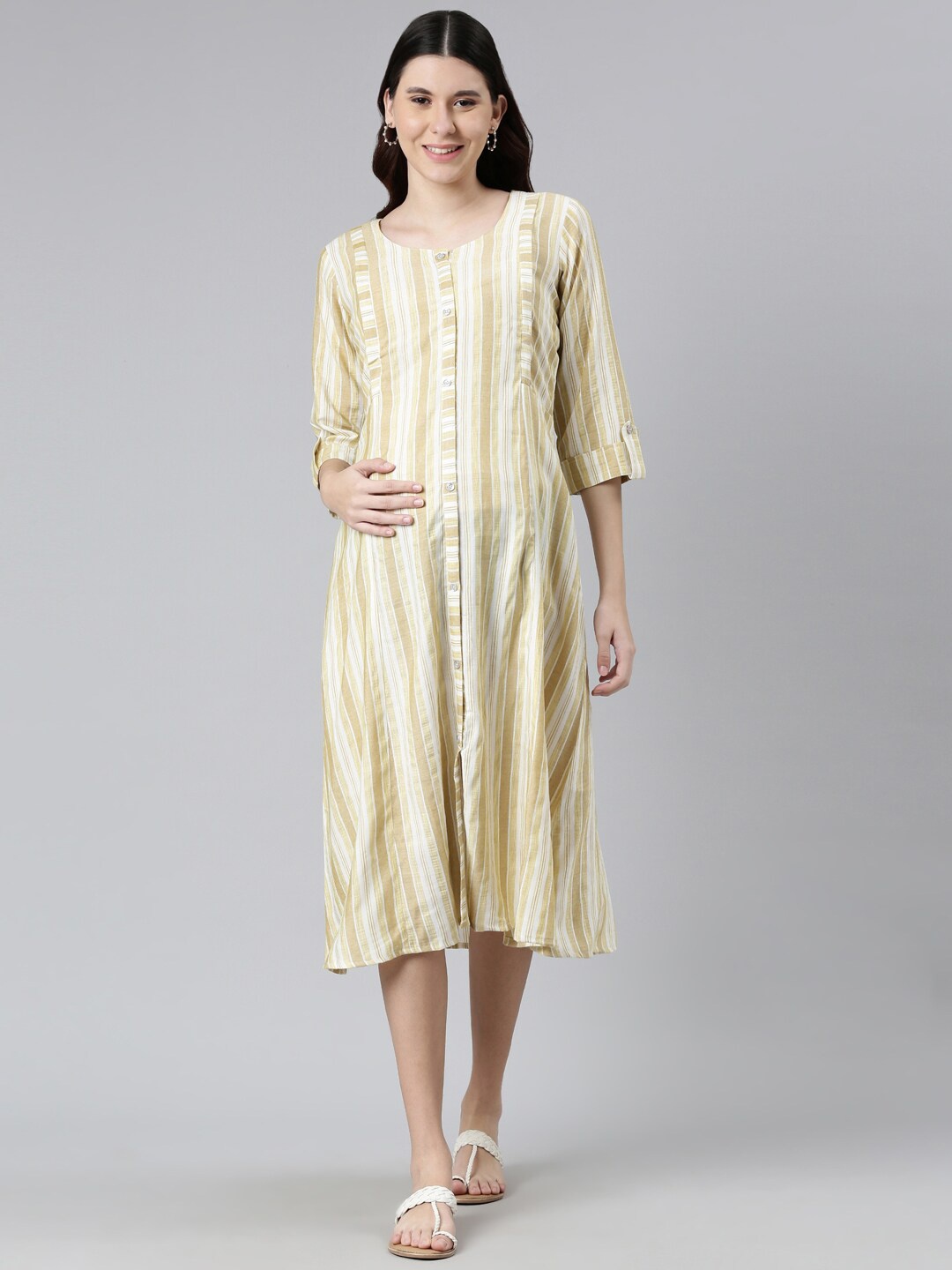 

GOLDSTROMS Women Yellow & Cream-Coloured Striped Maternity A-Line Midi Dress