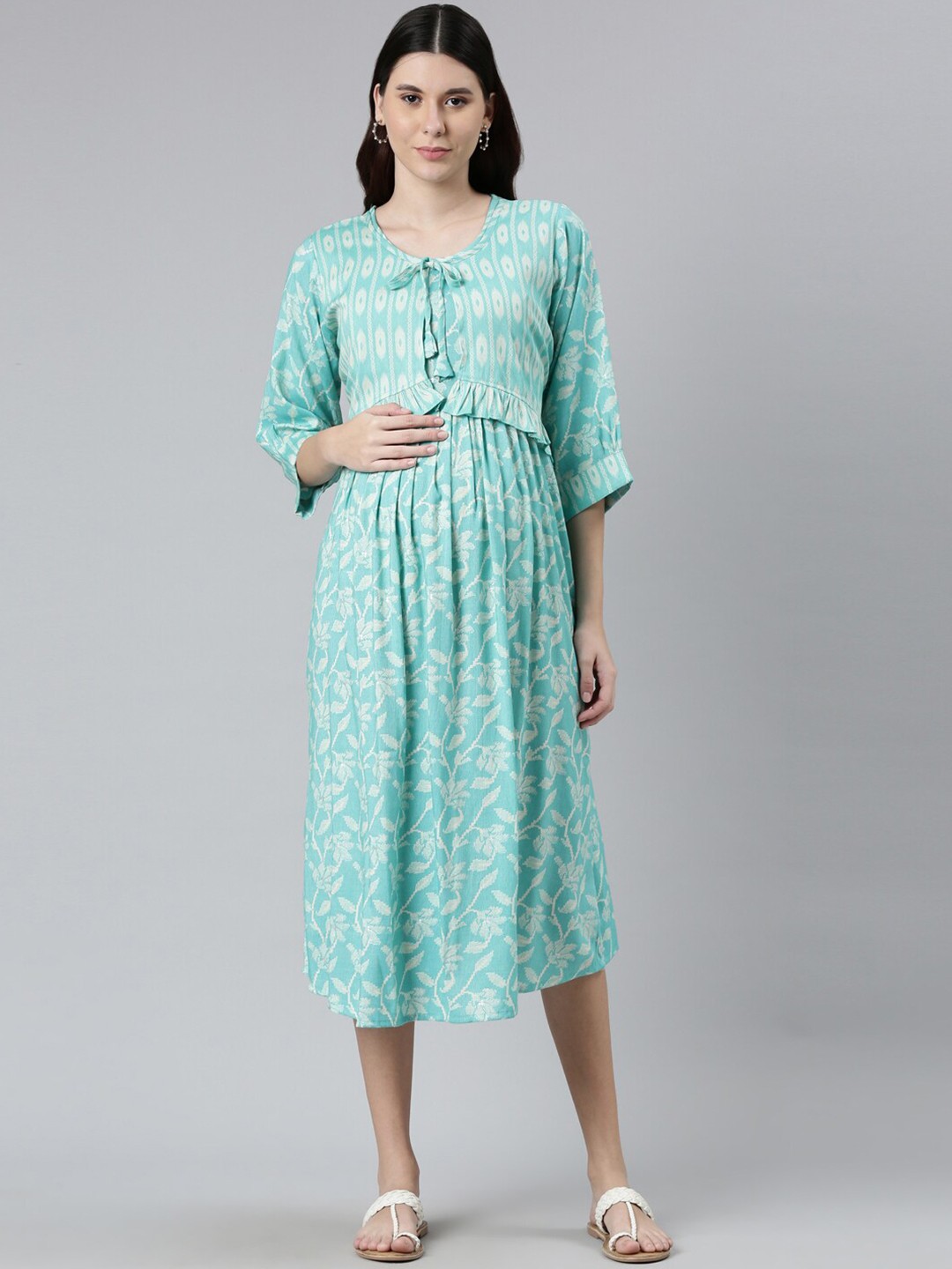 

GOLDSTROMS Women Sea Green & White Floral Tie-Up Neck Maternity A-Line Midi Dress