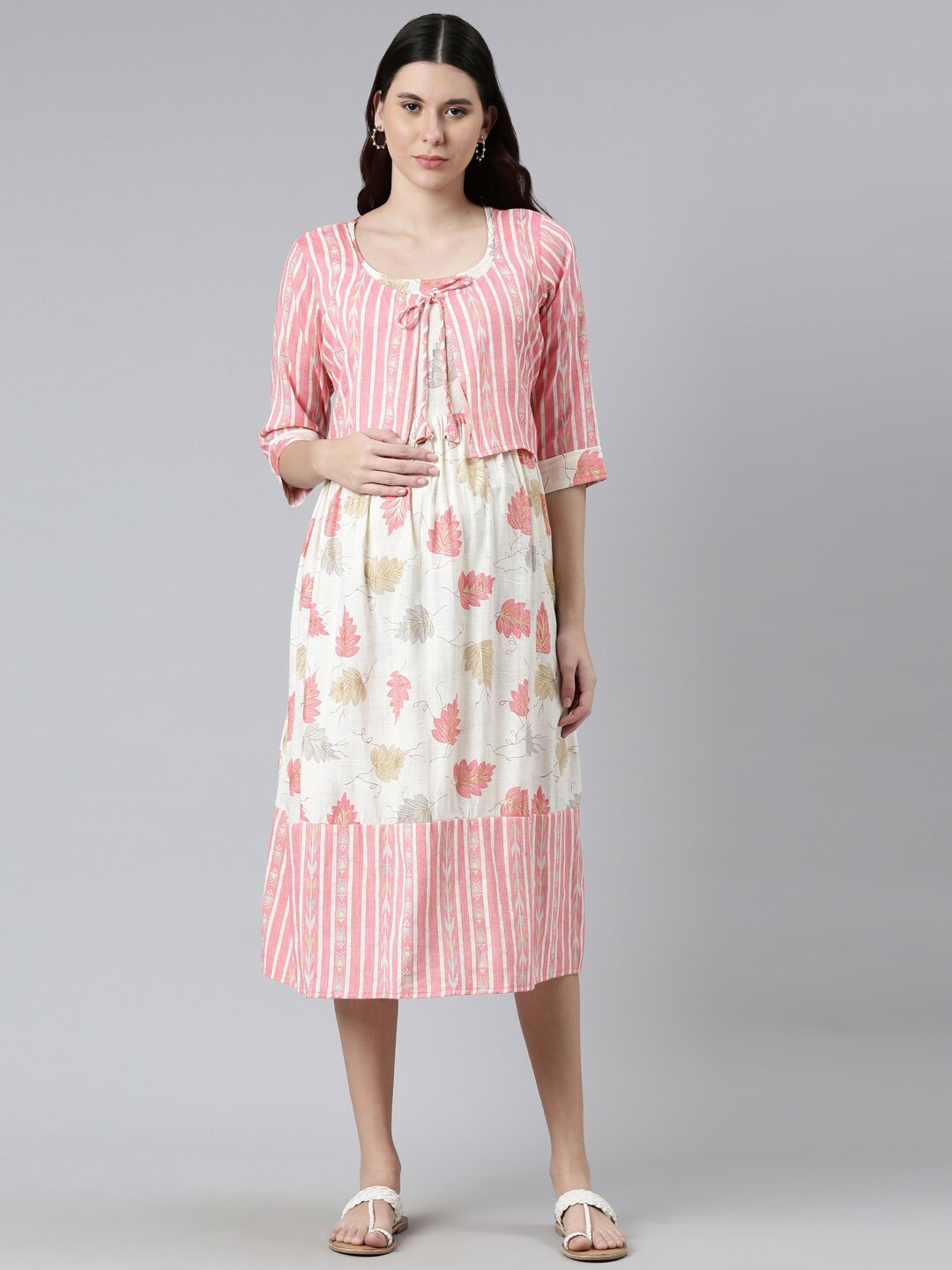 

GOLDSTROMS Women Pink & White Floral Printed Layered Maternity A-Line Midi Dress