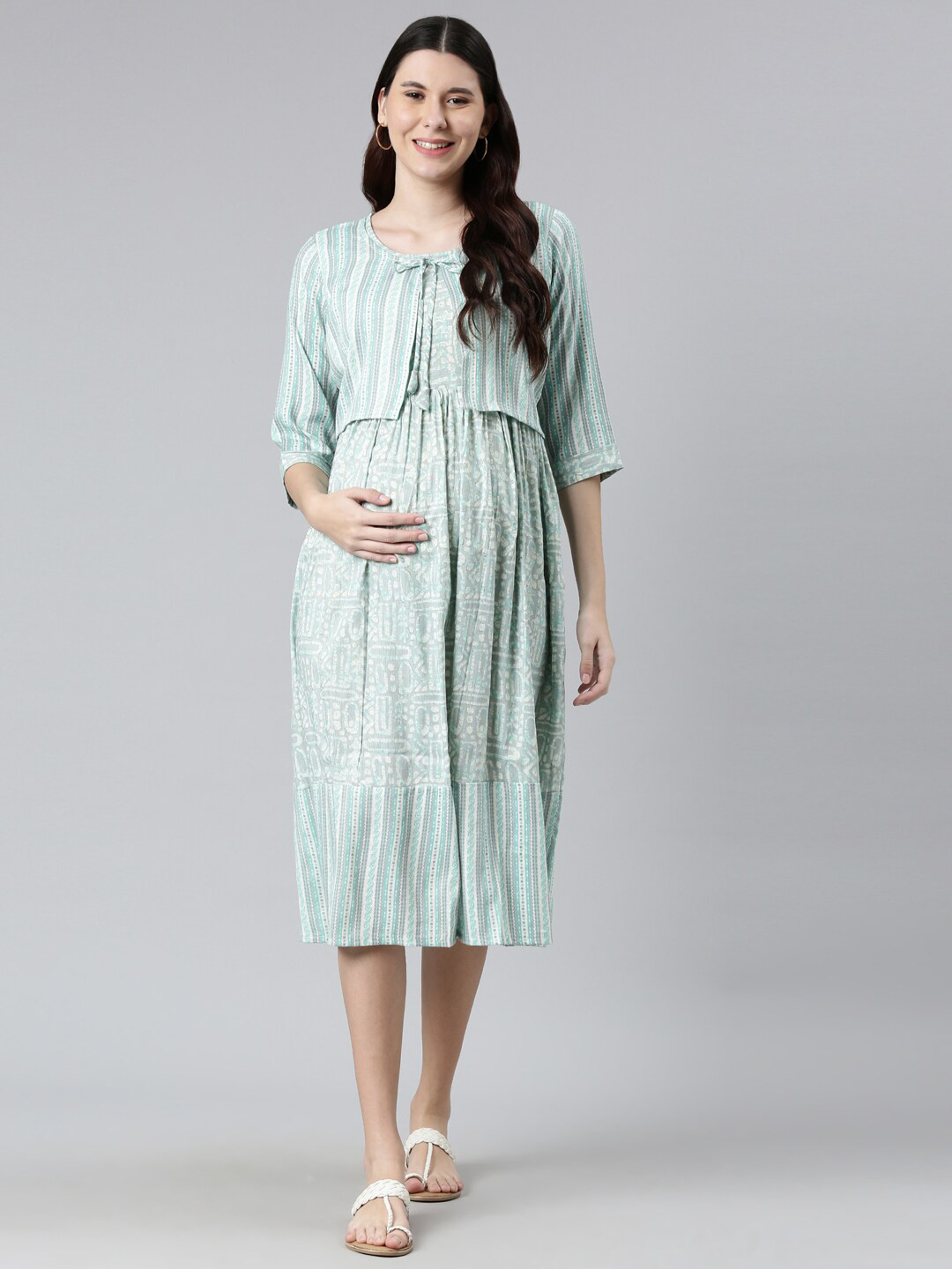 

GOLDSTROMS Green Tie-Up Neck Maternity A-Line Midi Dress