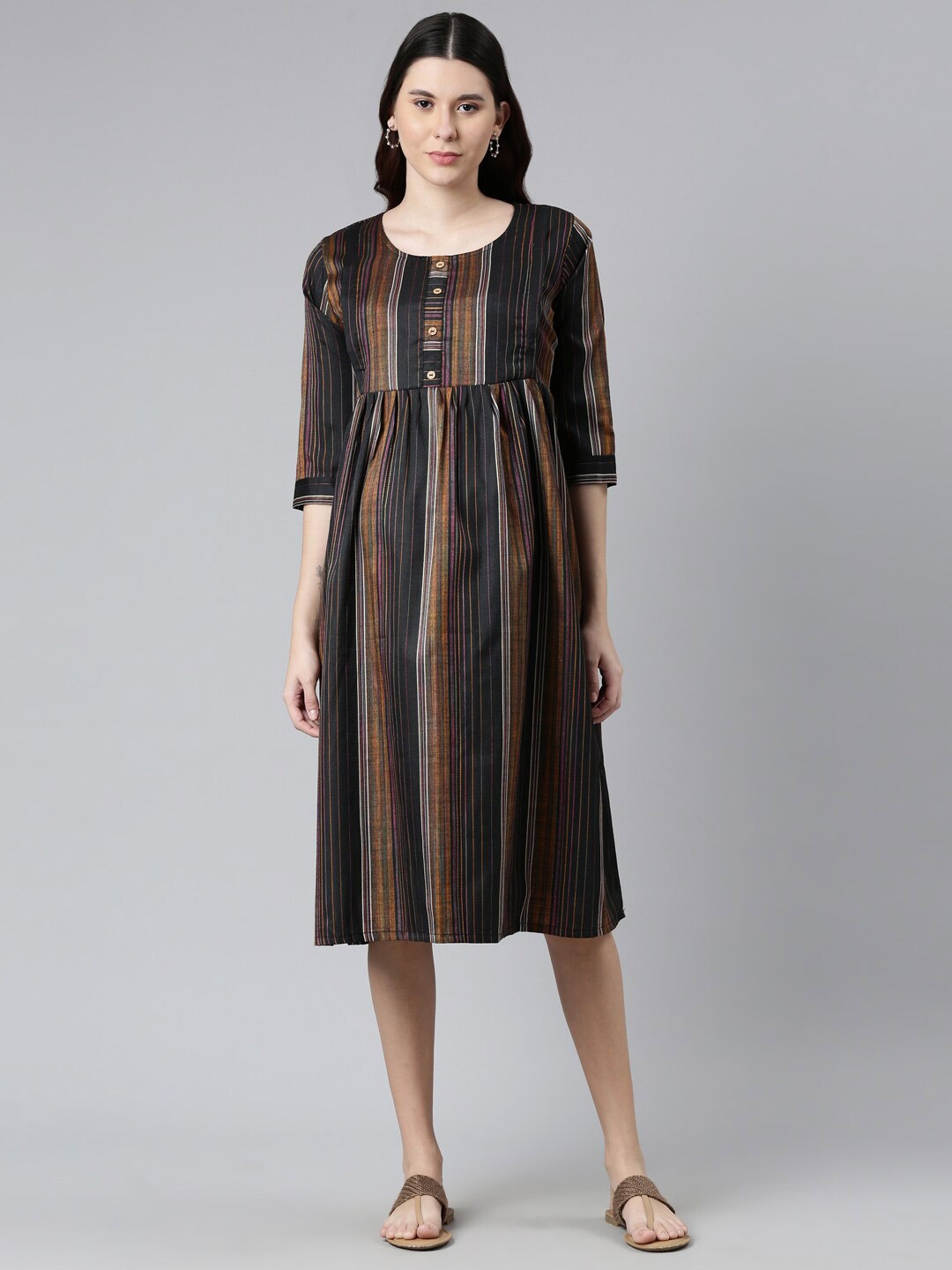 

GOLDSTROMS Women Black Striped Maternity A-Line Midi Dress