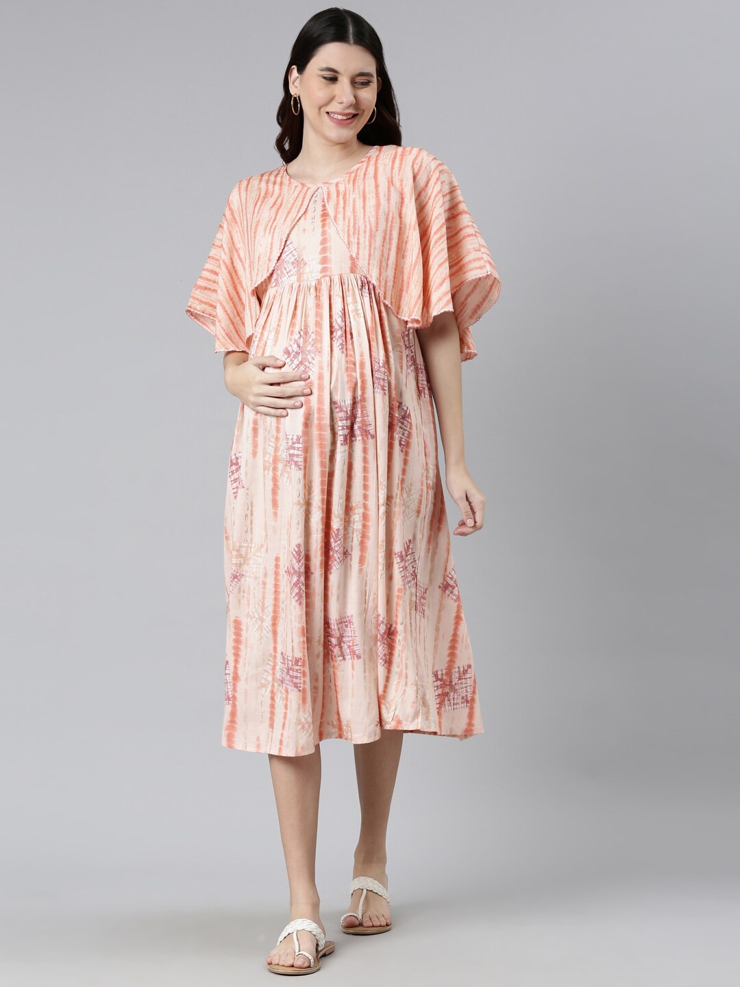 

GOLDSTROMS Peach-Coloured Tie and Dye Maternity A-Line Midi Dress