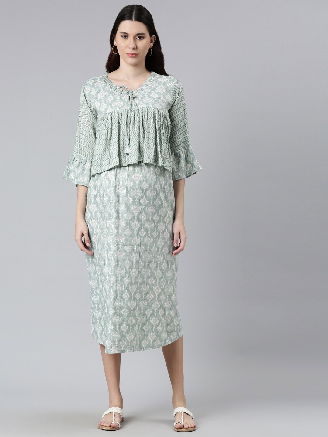 

GOLDSTROMS Green Ethnic Motifs Maternity A-Line Midi Dress