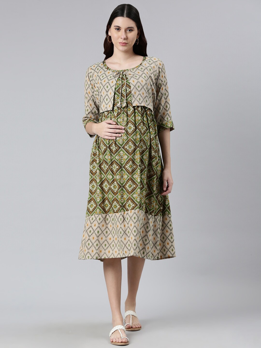 

GOLDSTROMS Women Green Ethnic Motifs Maternity Empire Midi Dress