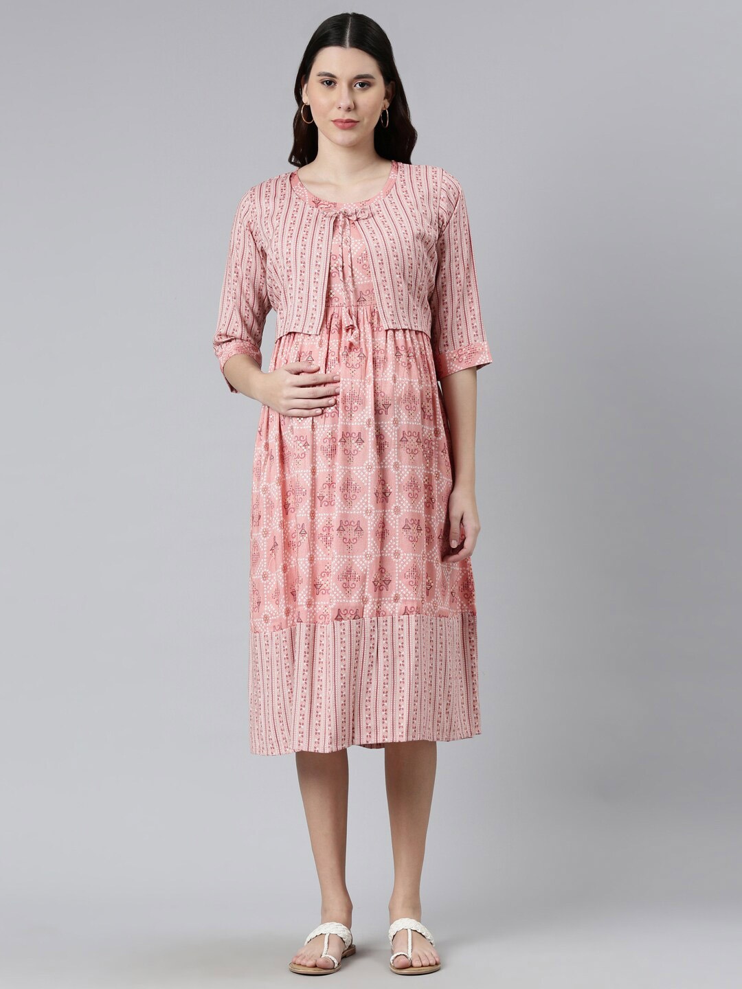 

GOLDSTROMS Peach Ethnic Motifs Printed Maternity A-Line Midi Dress