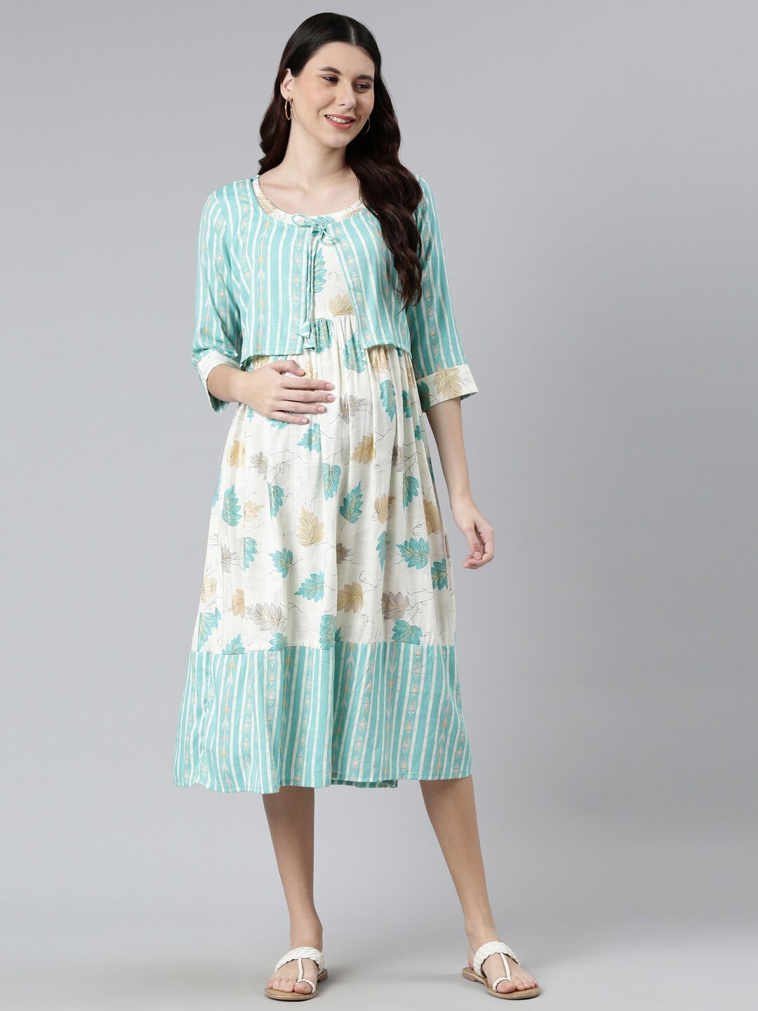 

GOLDSTROMS Women Off White & Green Floral Maternity A-Line Midi Dress