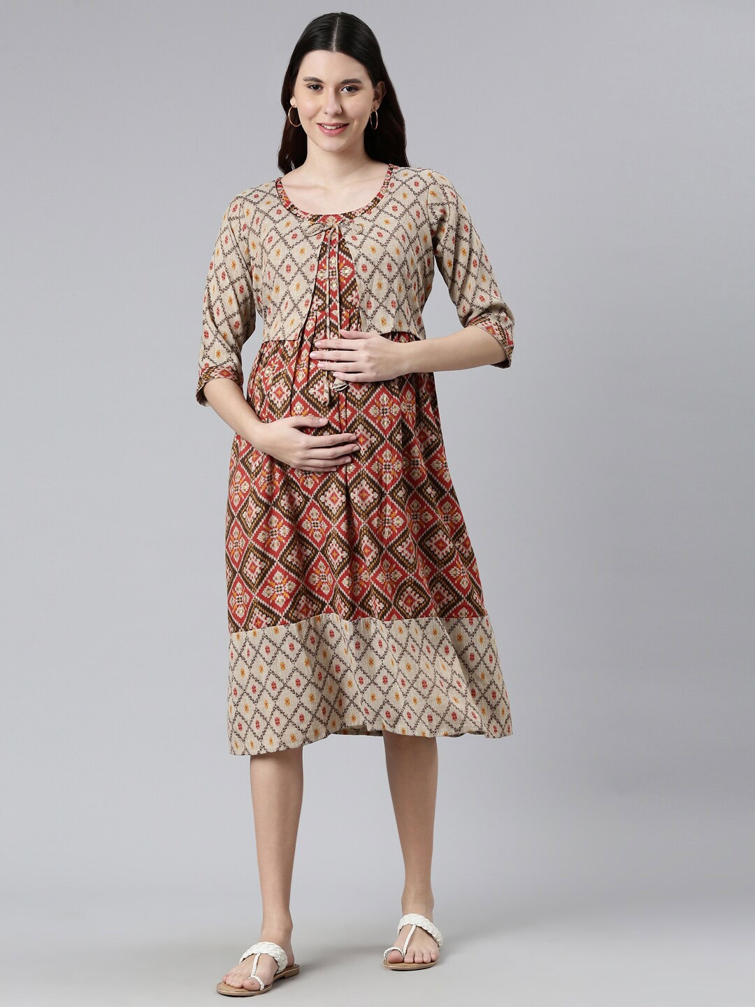 

GOLDSTROMS Maternity Women Red & Beige Ethnic Motifs Dress