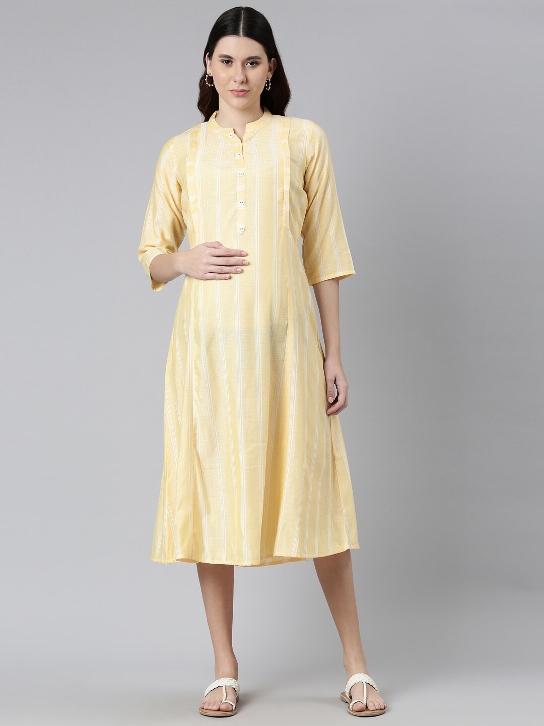 

GOLDSTROMS Yellow Striped Maternity A-Line Midi Dress