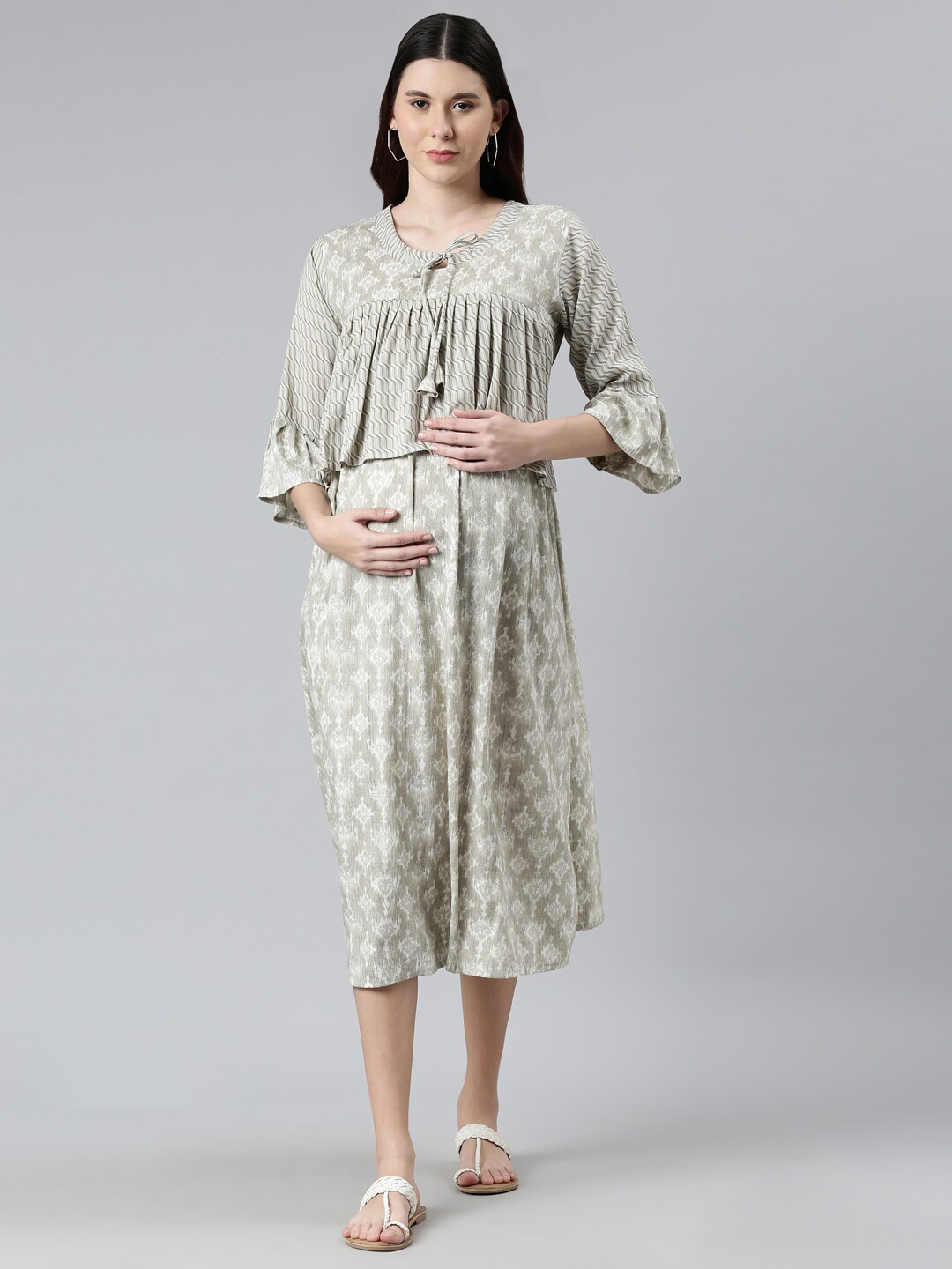 

GOLDSTROMS Women Grey & White Ethnic Motifs Tie-Up Neck Maternity A-Line Midi Dress