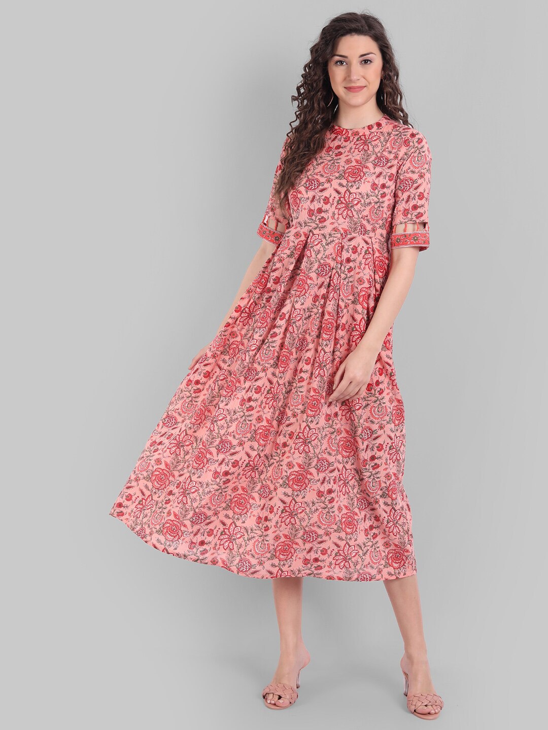 

githaan Women Coral & Green Floral Printed A-Line Cotton Midi Dress