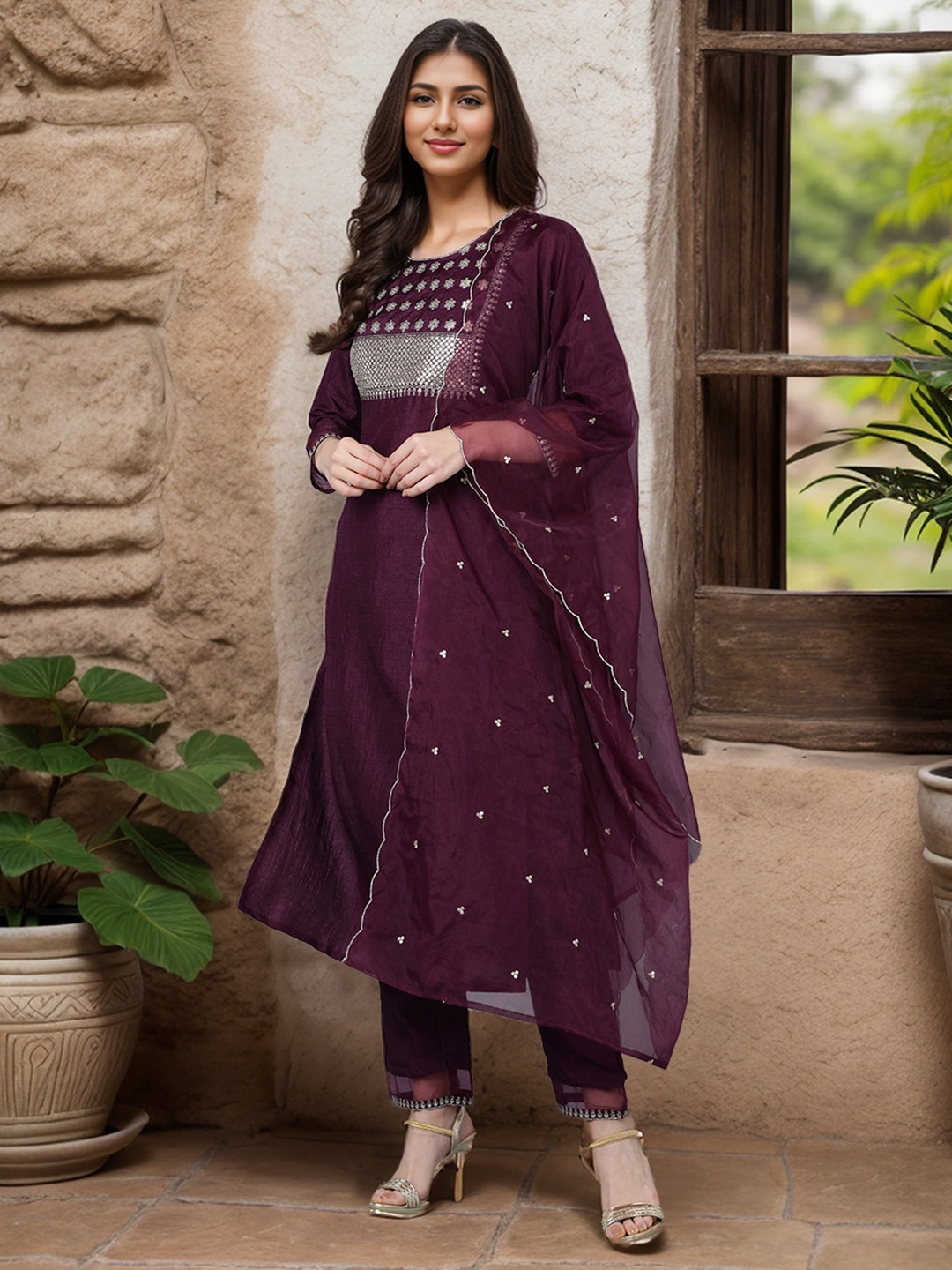 

AHIKA Women Purple Embroidered Sequinned Kurta with Trousers & Dupatta