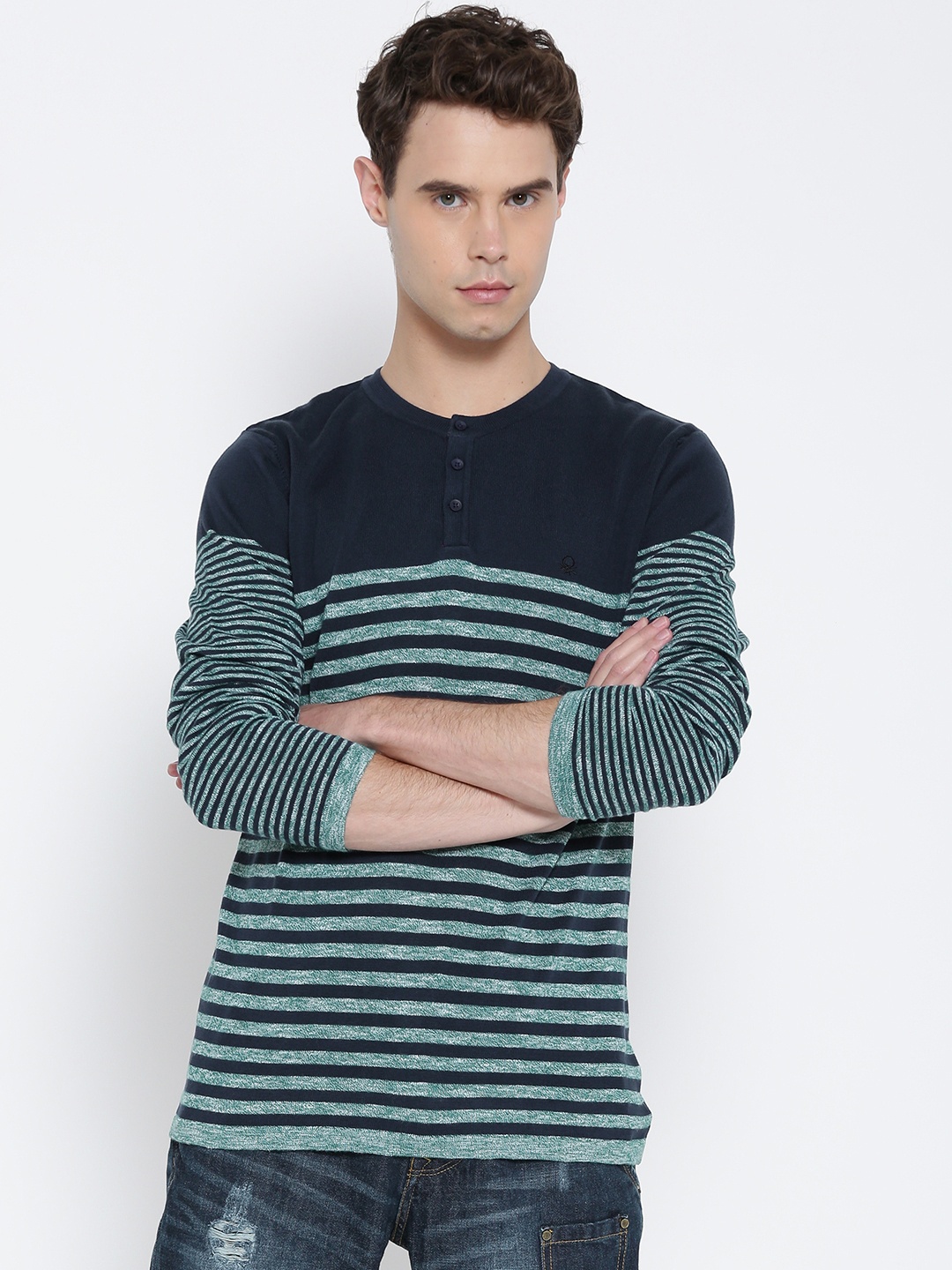 

United Colors of Benetton Men Navy Blue & Green Striped Pullover