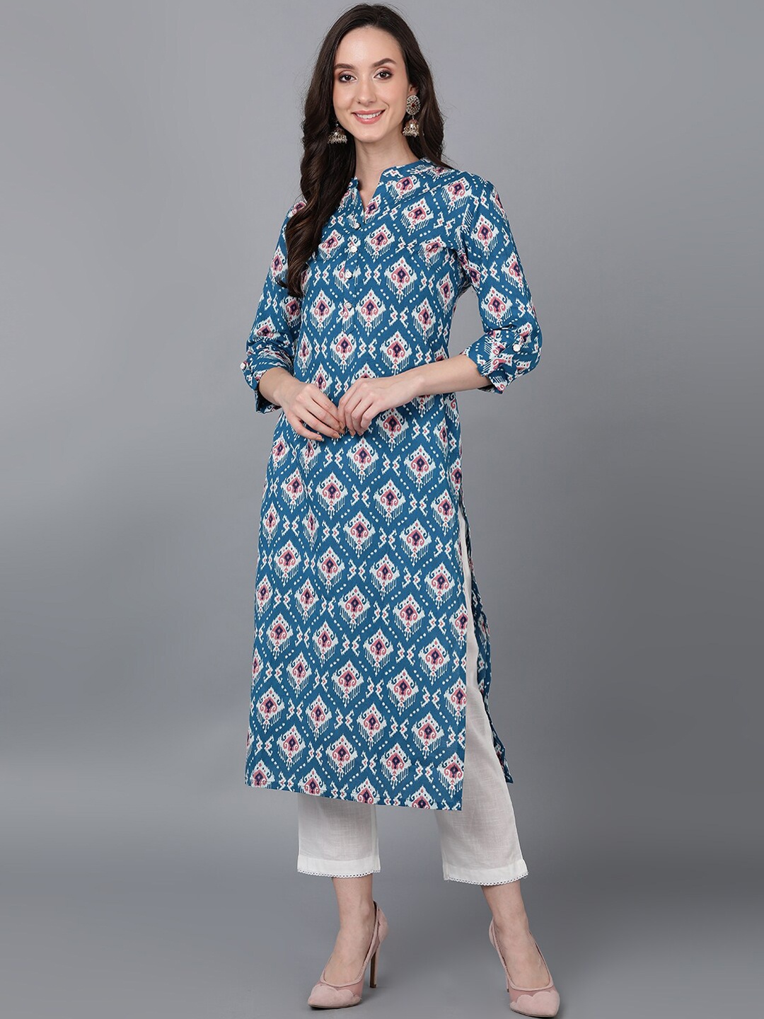 

AHIKA Women Blue & Off White Ethnic Motifs Printed Cotton Kurta