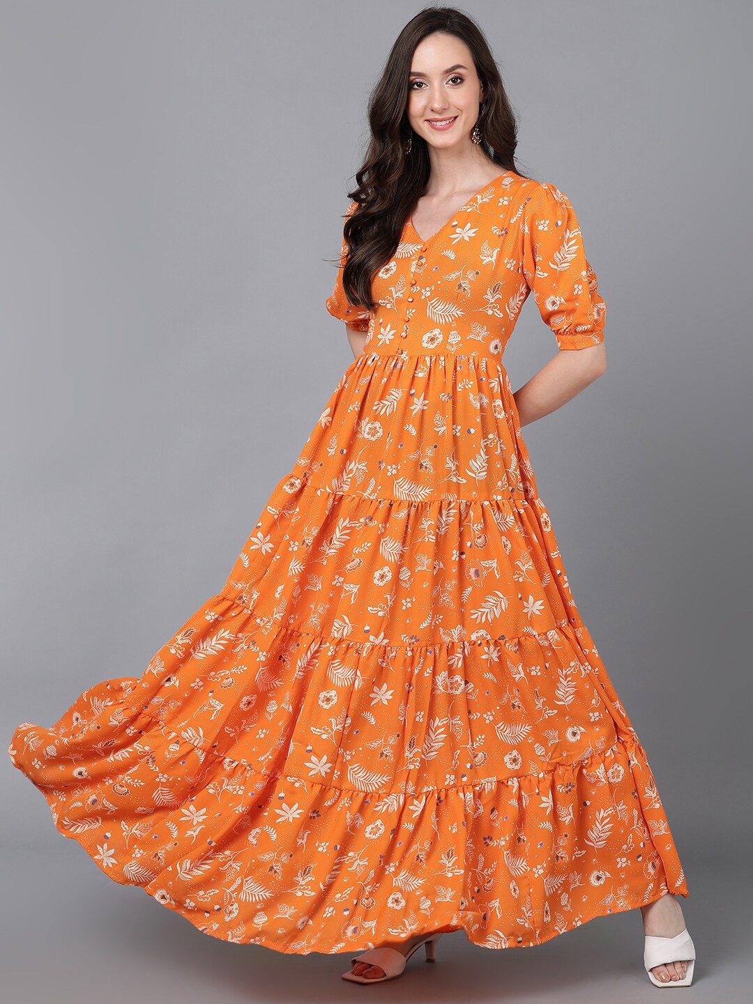 

AHIKA Orange & White Floral Printed Georgette Maxi Dress