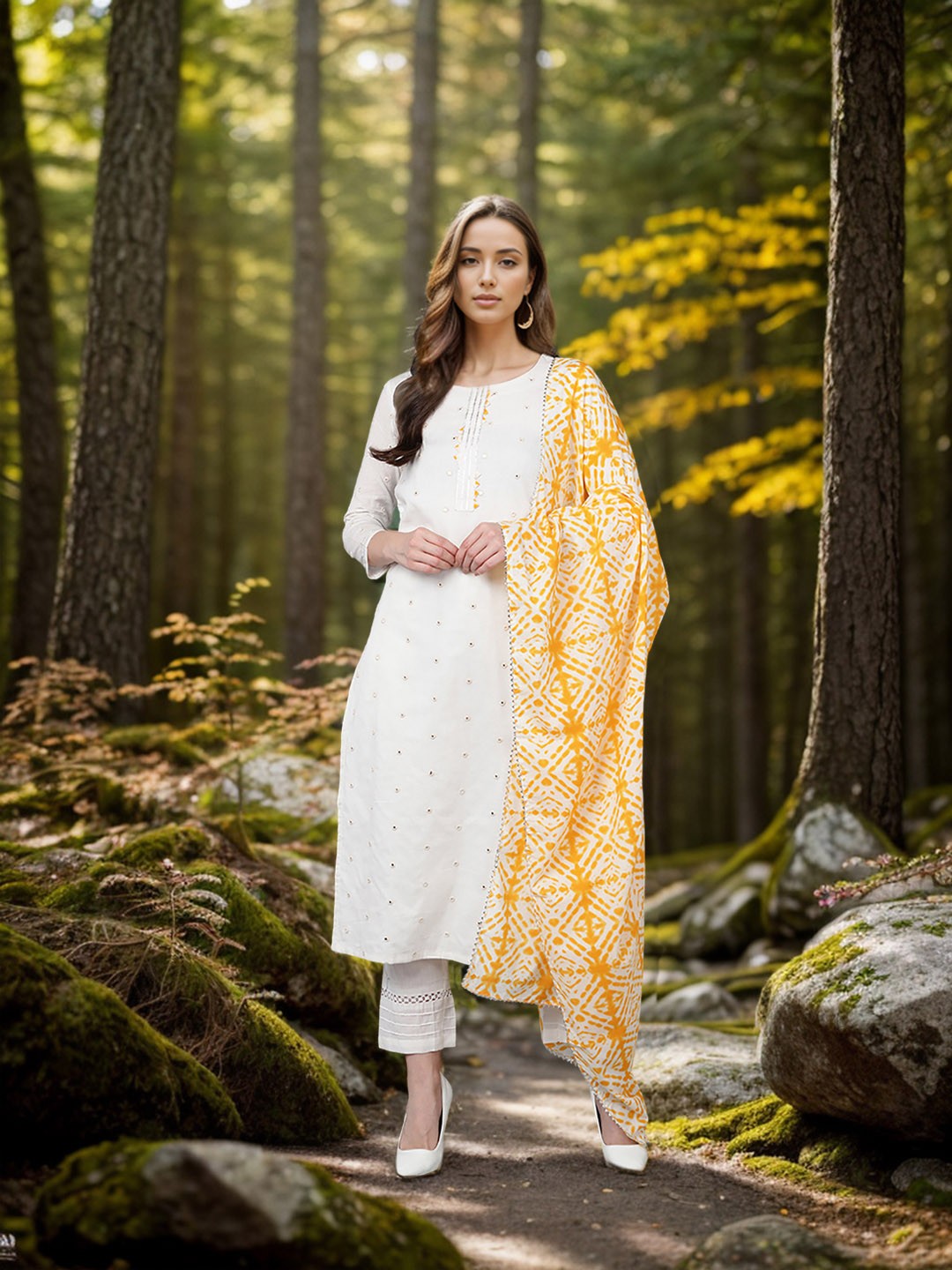 

AHIKA Women White Mirror Work Pure Cotton Kurta with Trousers & Dupatta