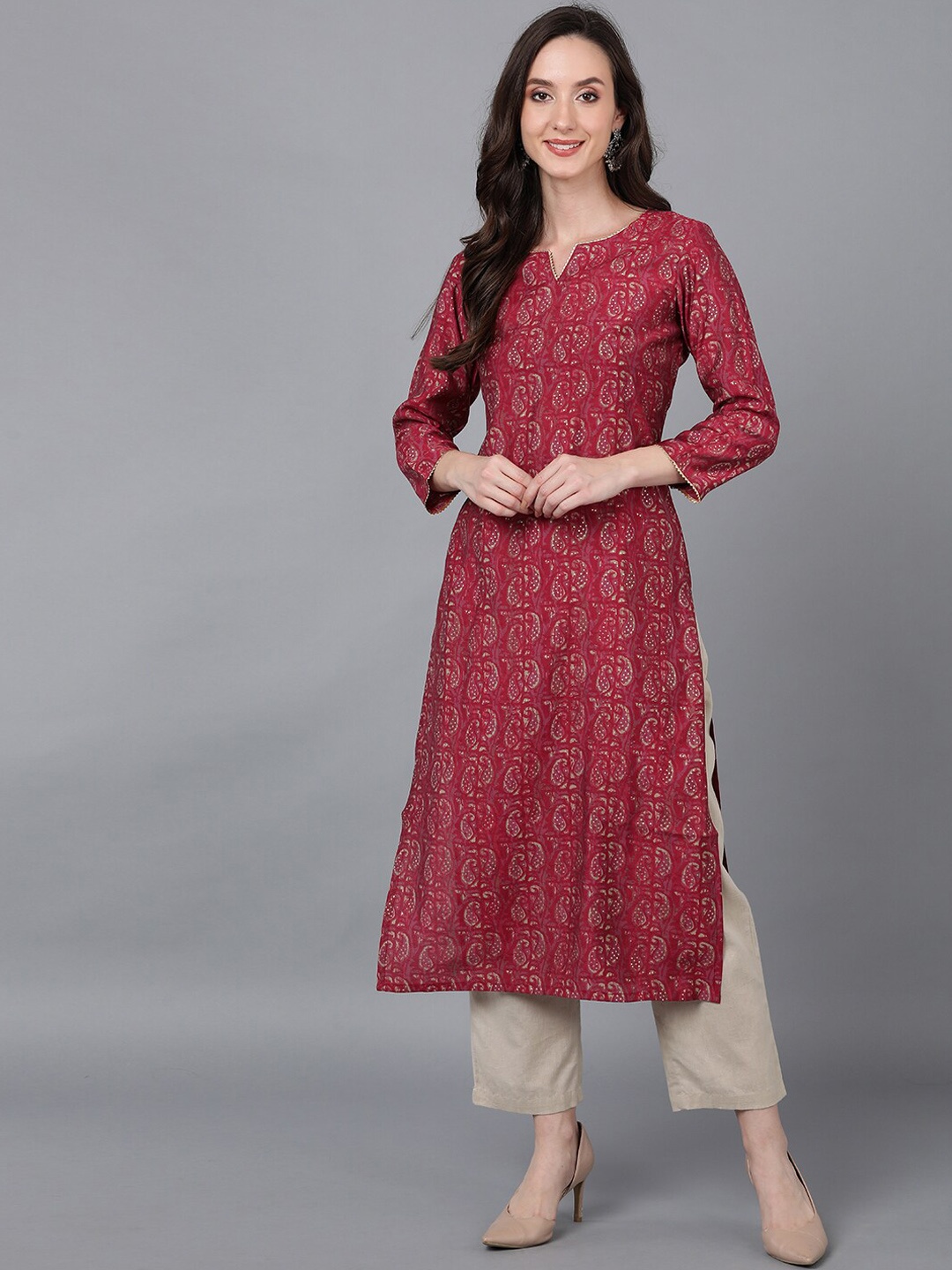 

AHIKA Women Maroon & Beige Ethnic Motifs Printed Kurta