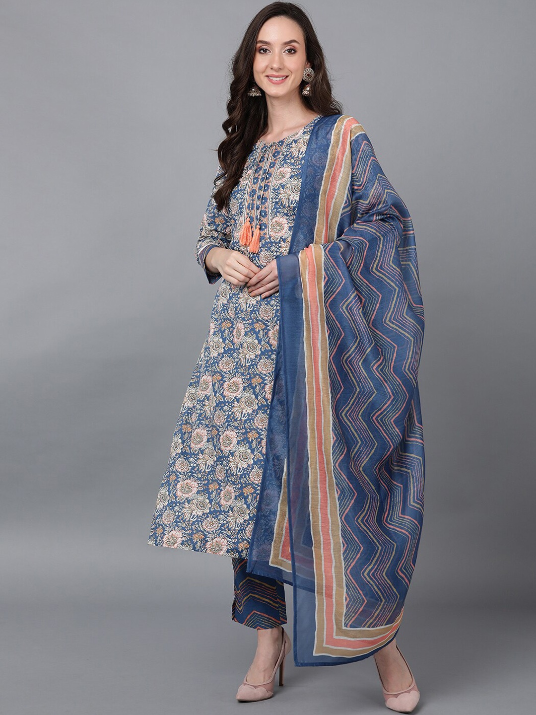 

AHIKA Women Blue Floral Printed Patchwork Pure Cotton Kurta with Trousers & With Dupatta