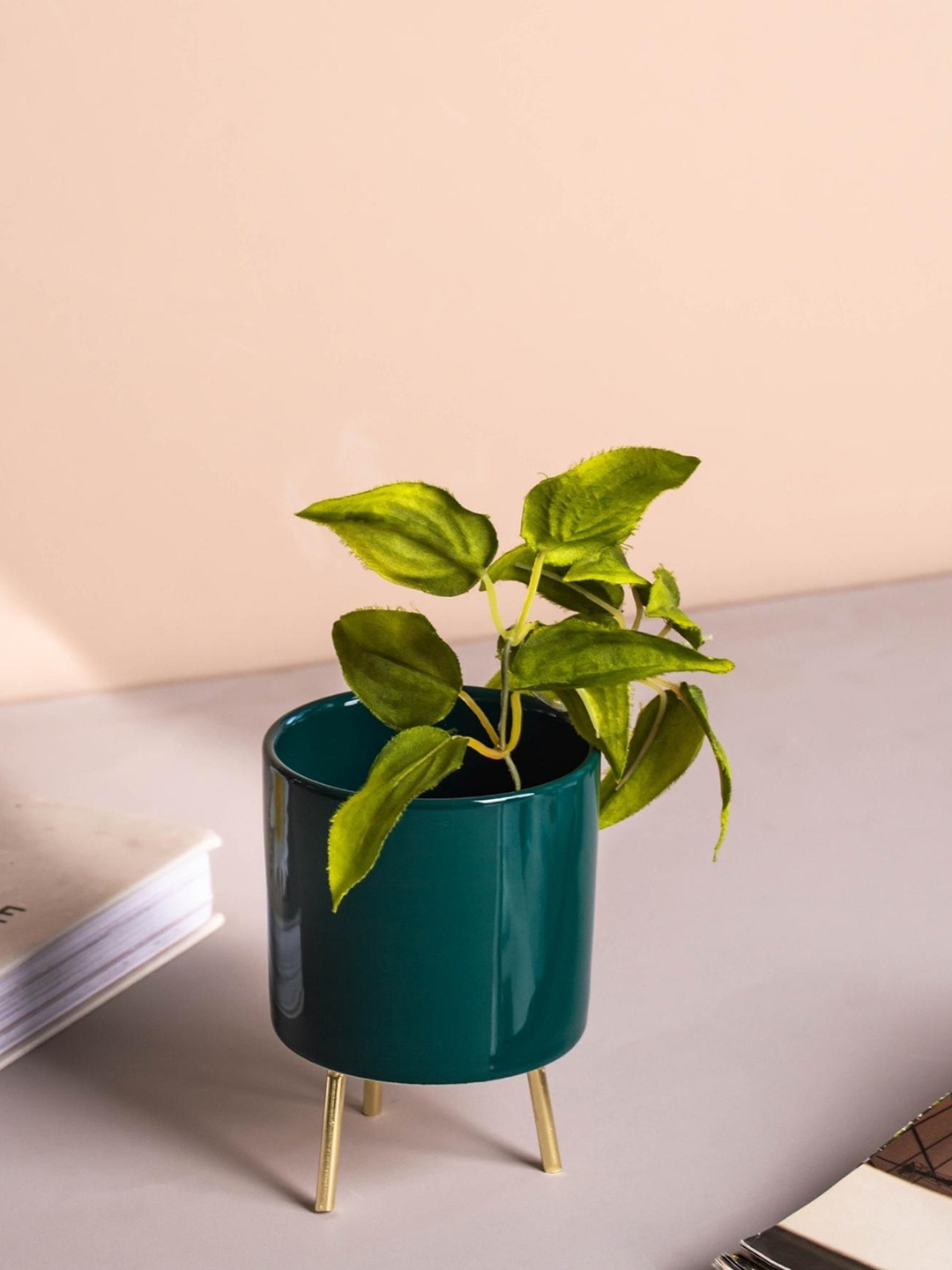 

Nestasia Green & Gold-Toned Ceramic Solid Table Planter