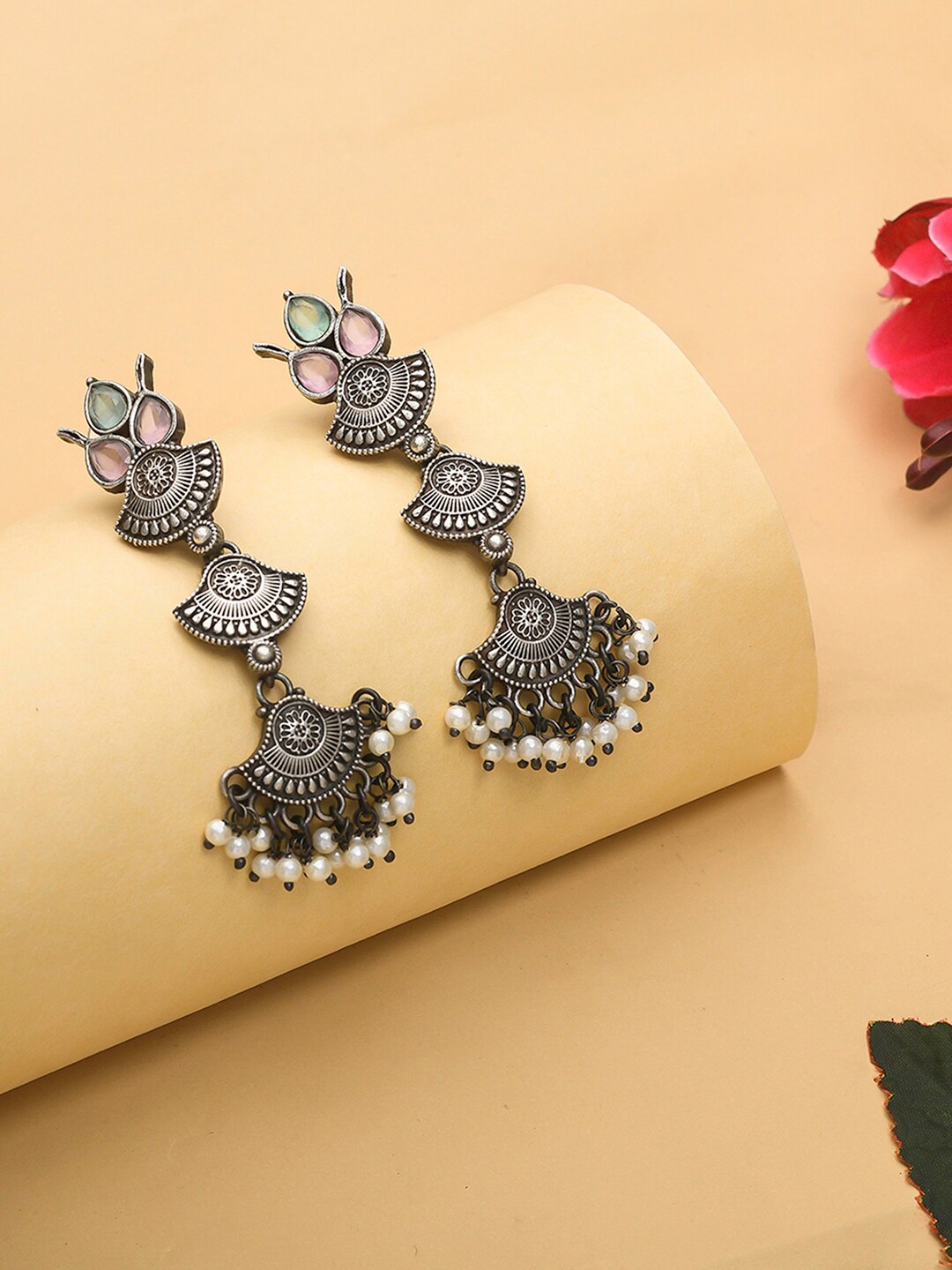 

Voylla Women Silver-Toned & White Contemporary Drop Earrings