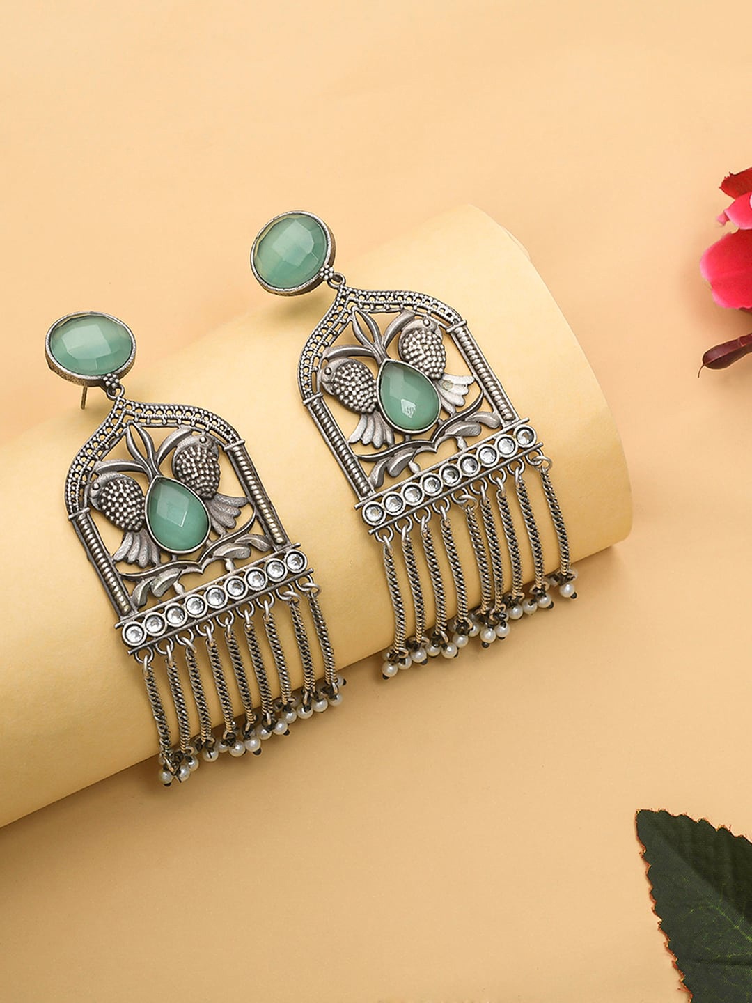 

Voylla Silver-Plated & Green Contemporary Drop Earrings