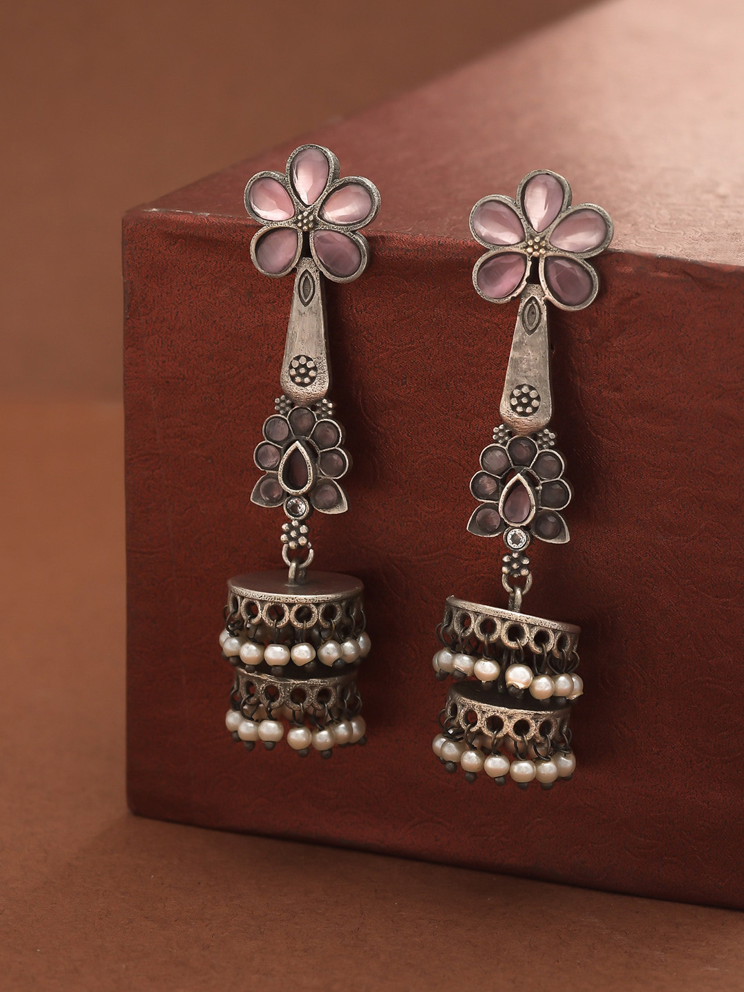 

Voylla Women Oxidised Silver-Plated Contemporary Drop Earrings