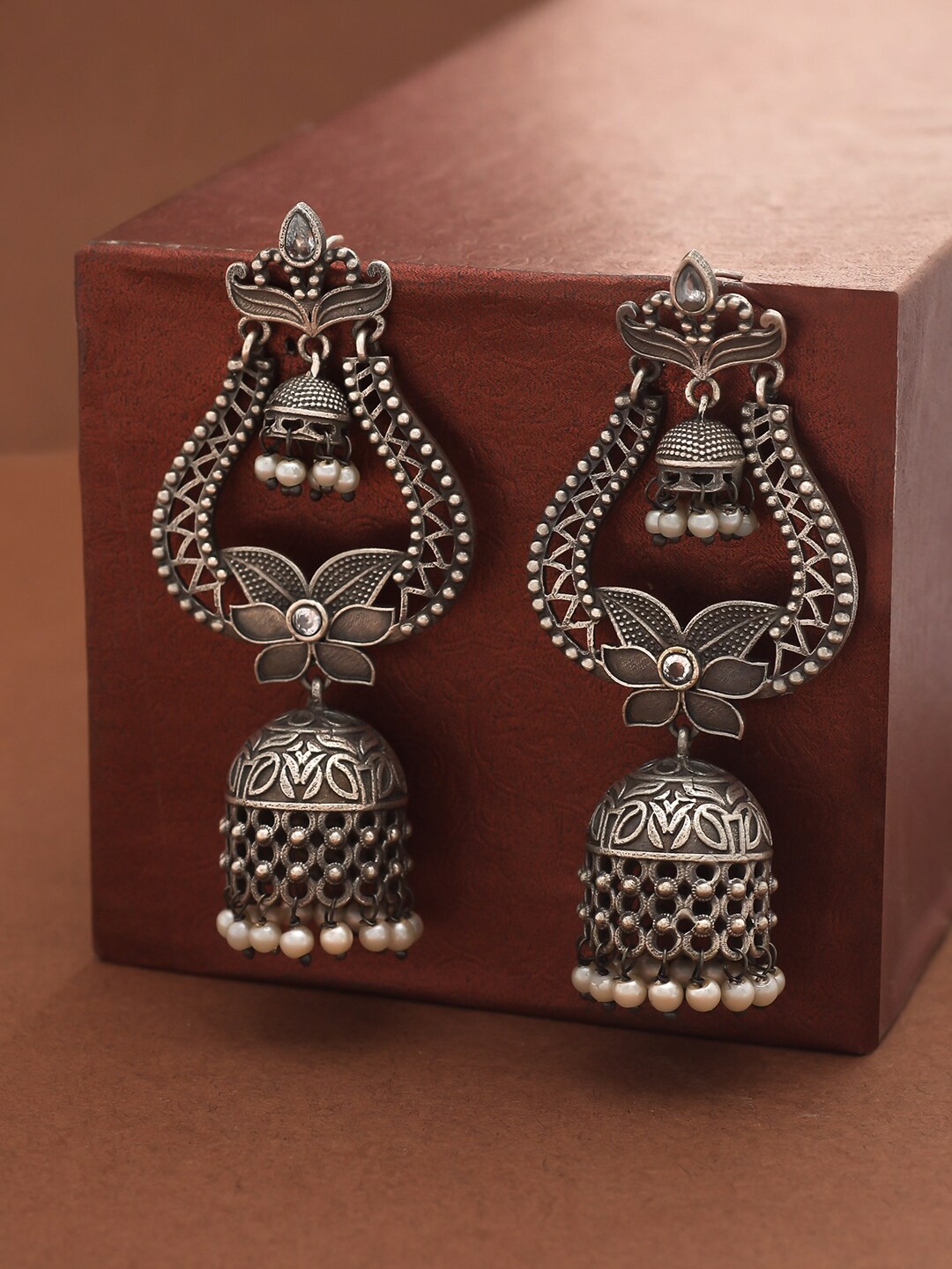 

Voylla Silver-Toned Dome Shaped Jhumkas Earrings