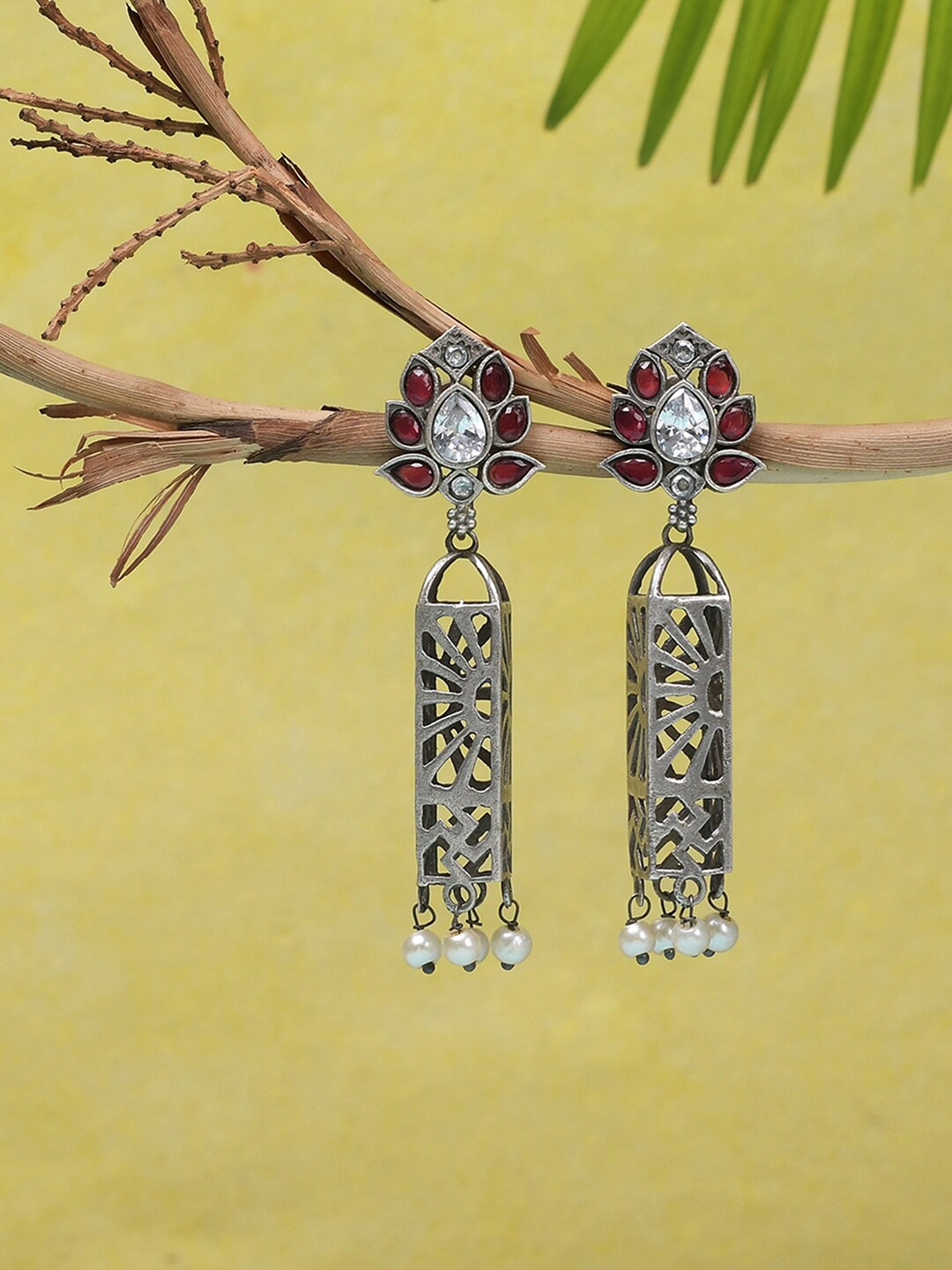 

Voylla Women Pink Faux Pearls and Kundan Silver-Plated Contemporary Drop Earrings