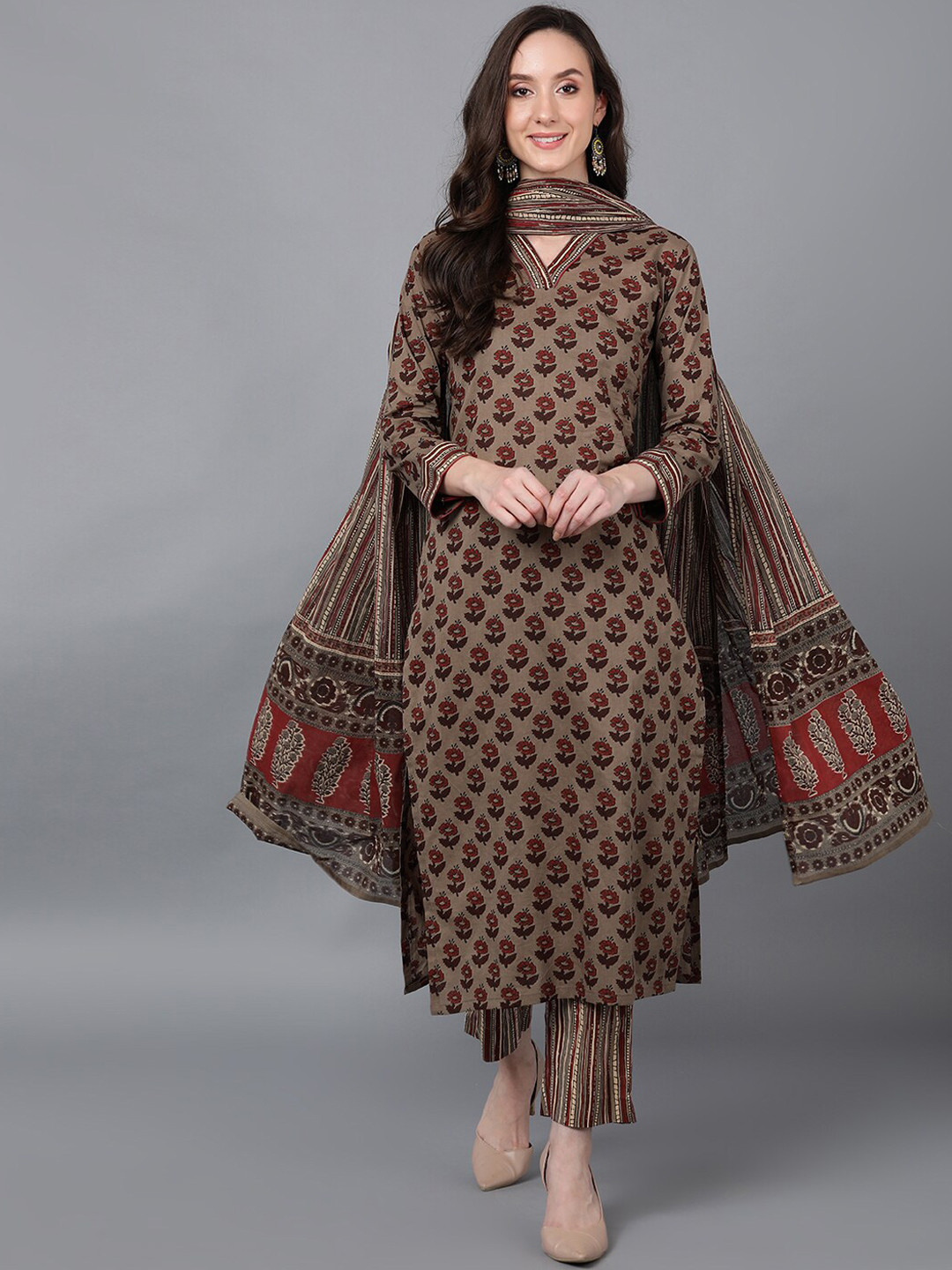 

AHIKA Women Brown Floral Printed Pure Cotton Kurta with Trousers & With Dupatta