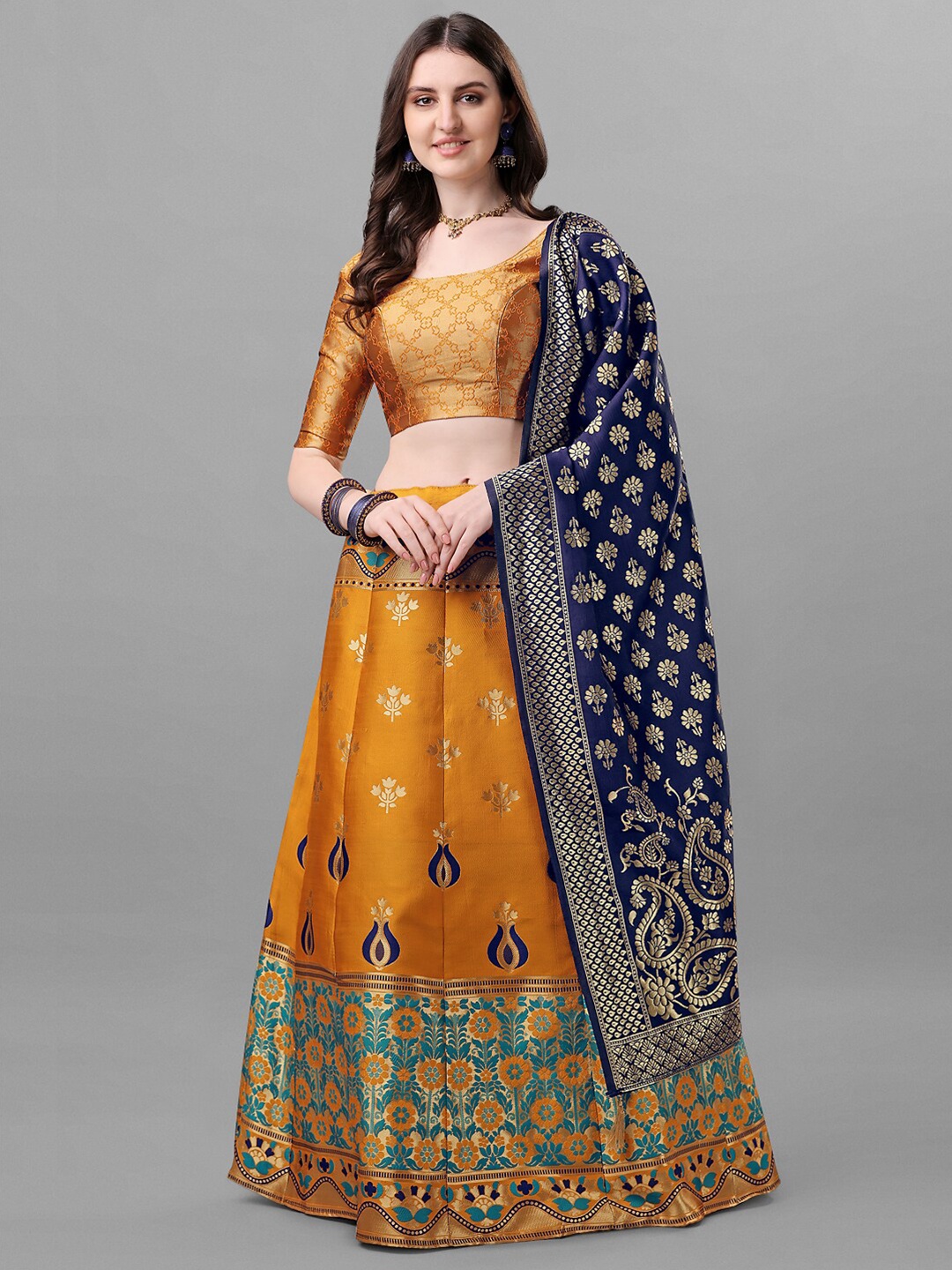 

Fashionuma Yellow & Blue Semi-Stitched Lehenga & Unstitched Blouse With Dupatta
