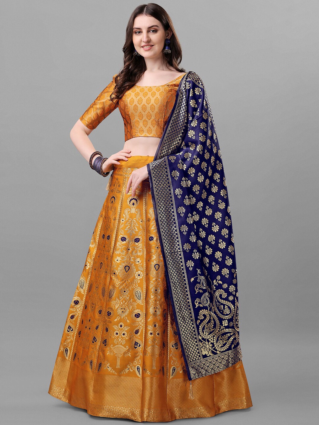 

Fashionuma Yellow & Blue Semi-Stitched Lehenga & Unstitched Blouse With Dupatta
