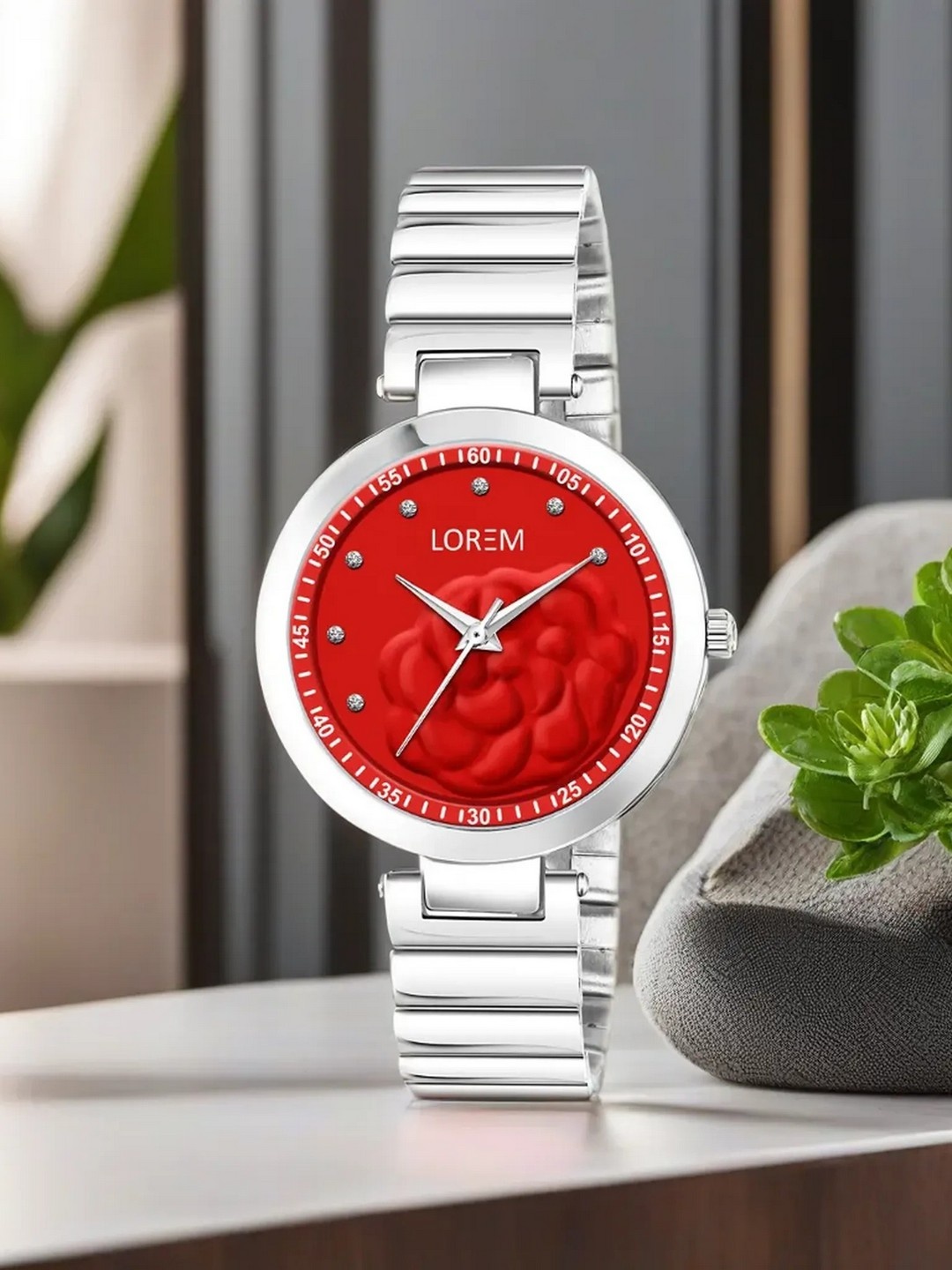 

LOREM Women Red Printed Dial & Silver Toned Bracelet Style Straps Analogue Watch LR317