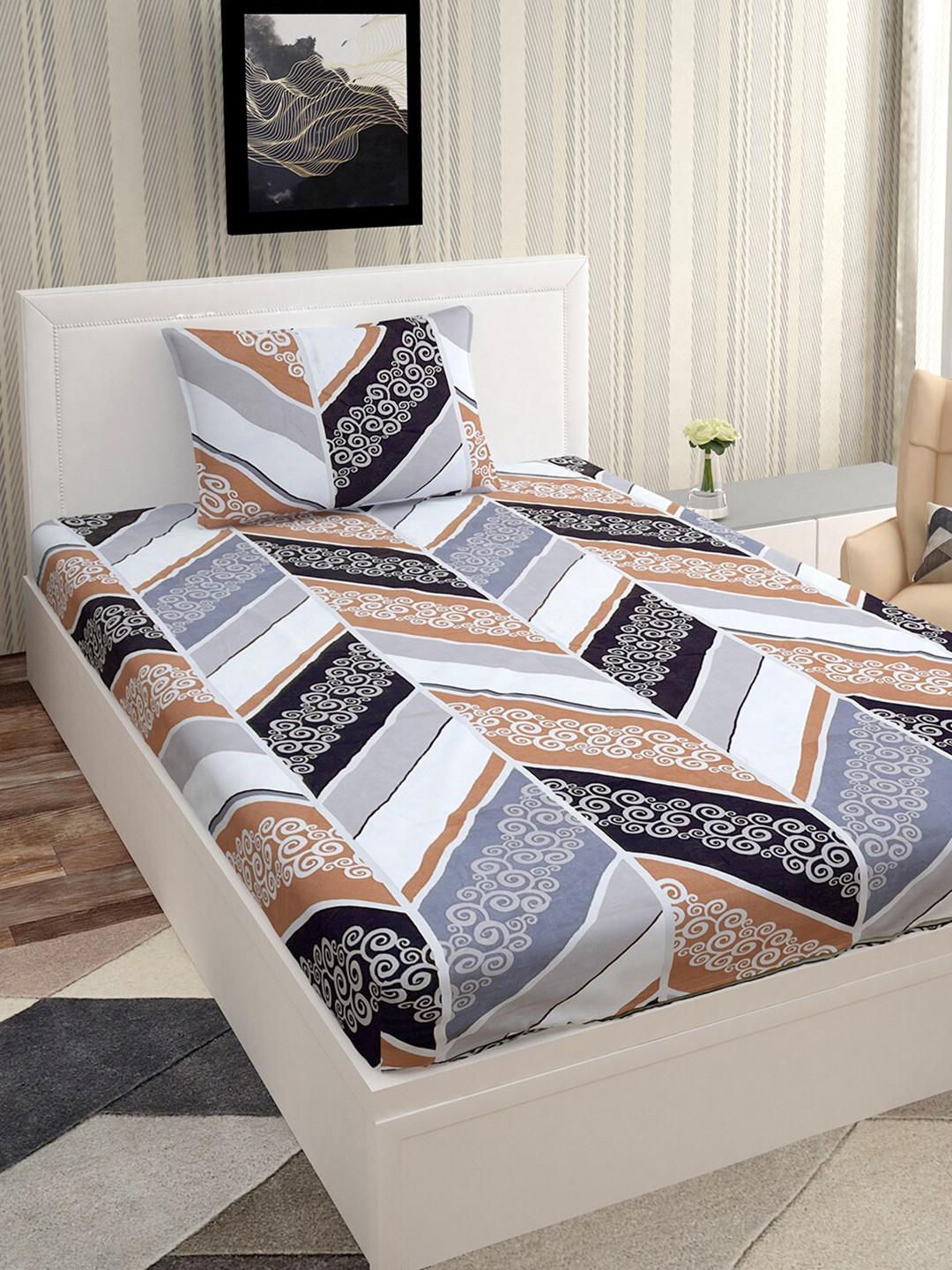 

Urban Magic White & Black Geometric 160 TC Single Bedsheet with 1 Pillow Covers