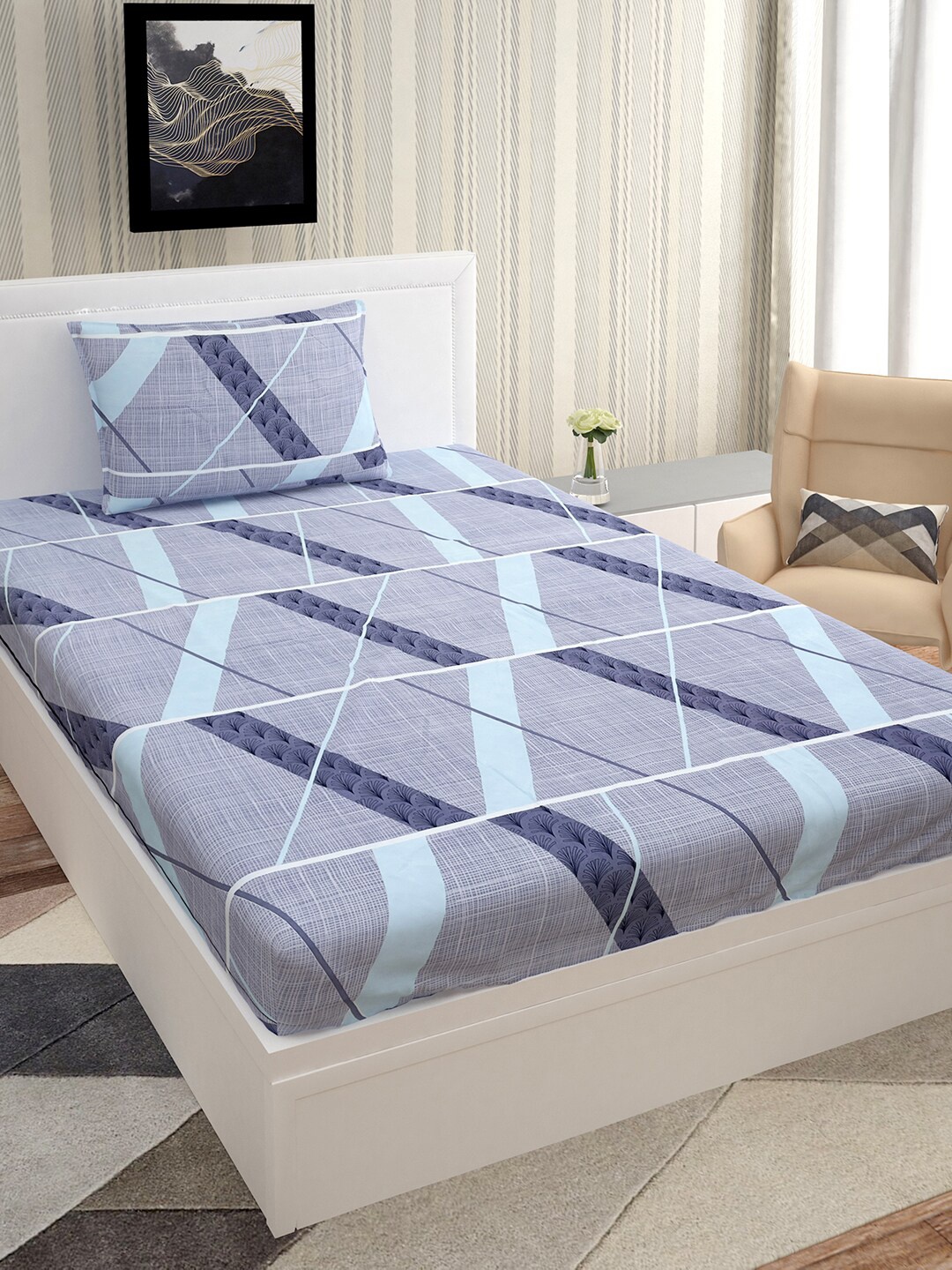 

Urban Magic Grey & Black Geometric 140 TC Single Bedsheet with 1 Pillow Covers