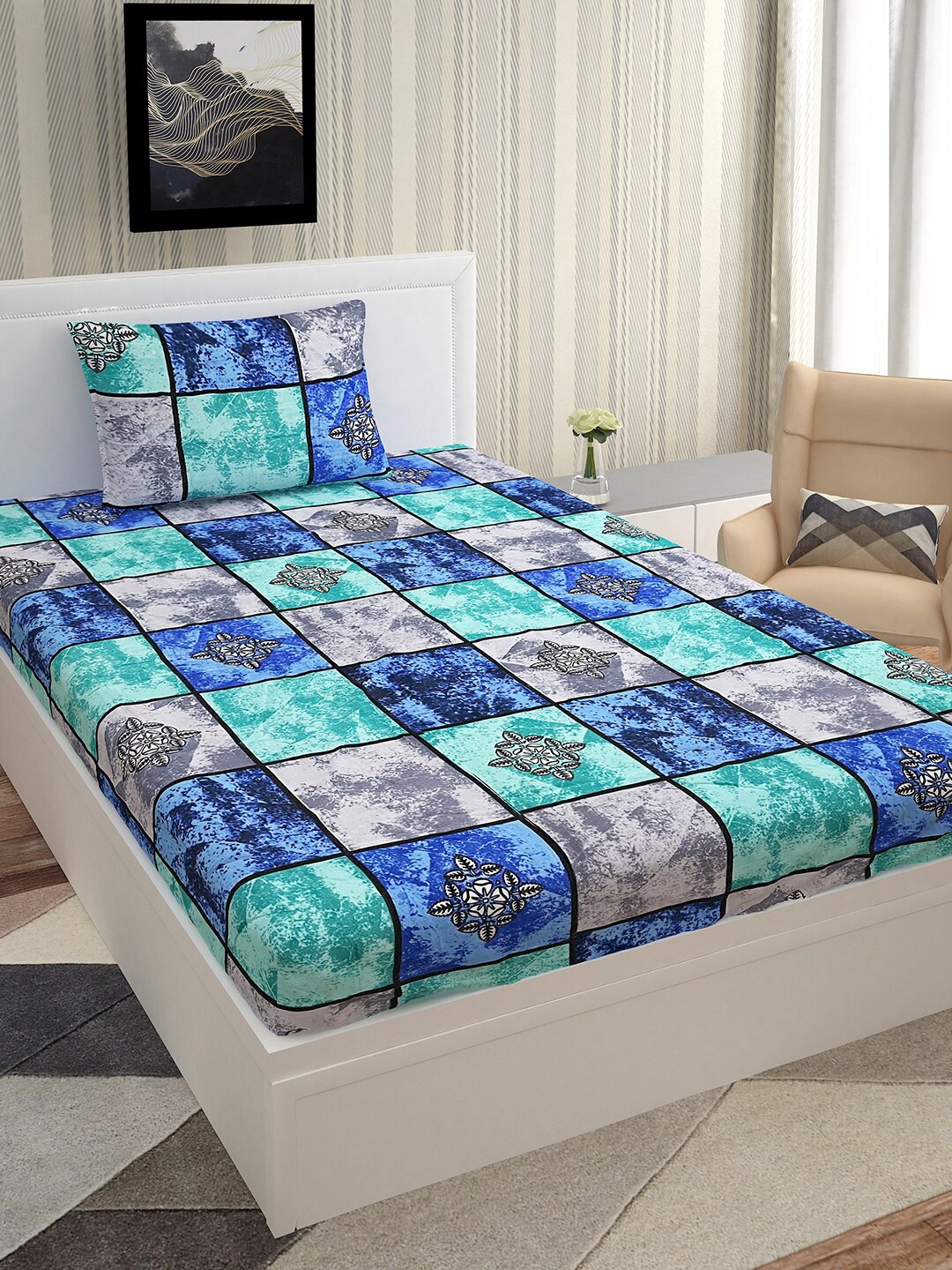 

Urban Magic Blue & Green Geometric 128 TC Single Bedsheet with 1 Pillow Covers